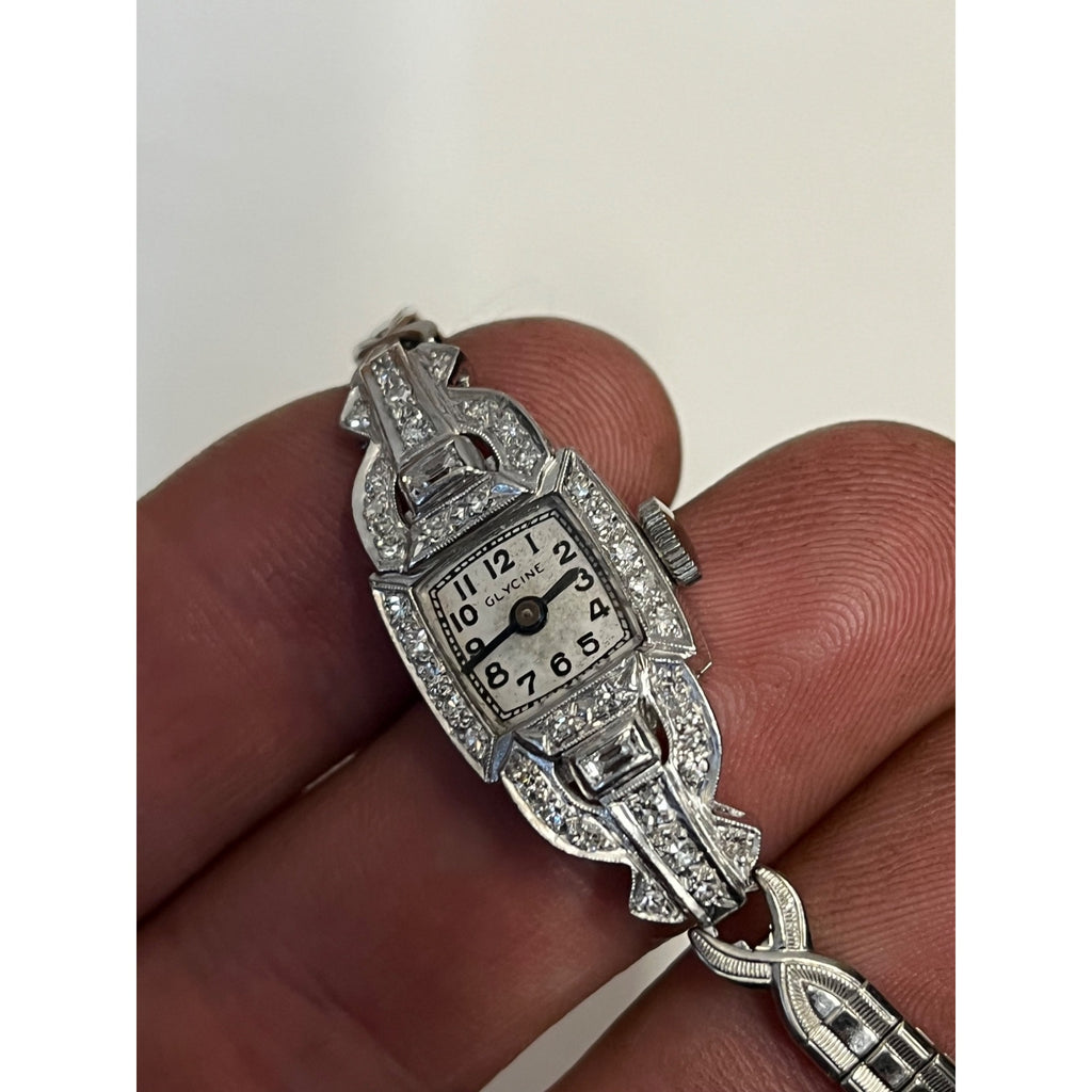 Vintage Art Deco Glycine Platinum Diamond Ladies Wristwatch 900 Platinum