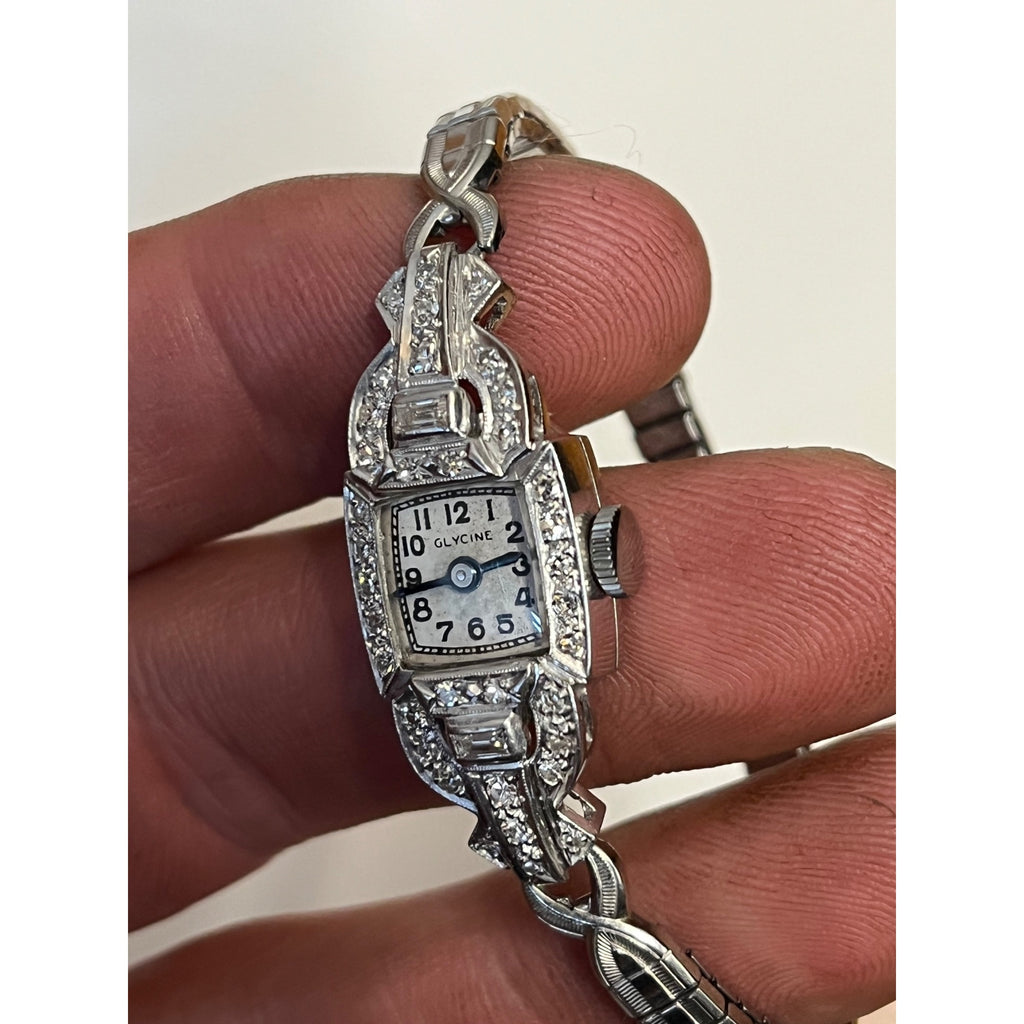 Vintage Art Deco Glycine Platinum Diamond Ladies Wristwatch 900 Platinum