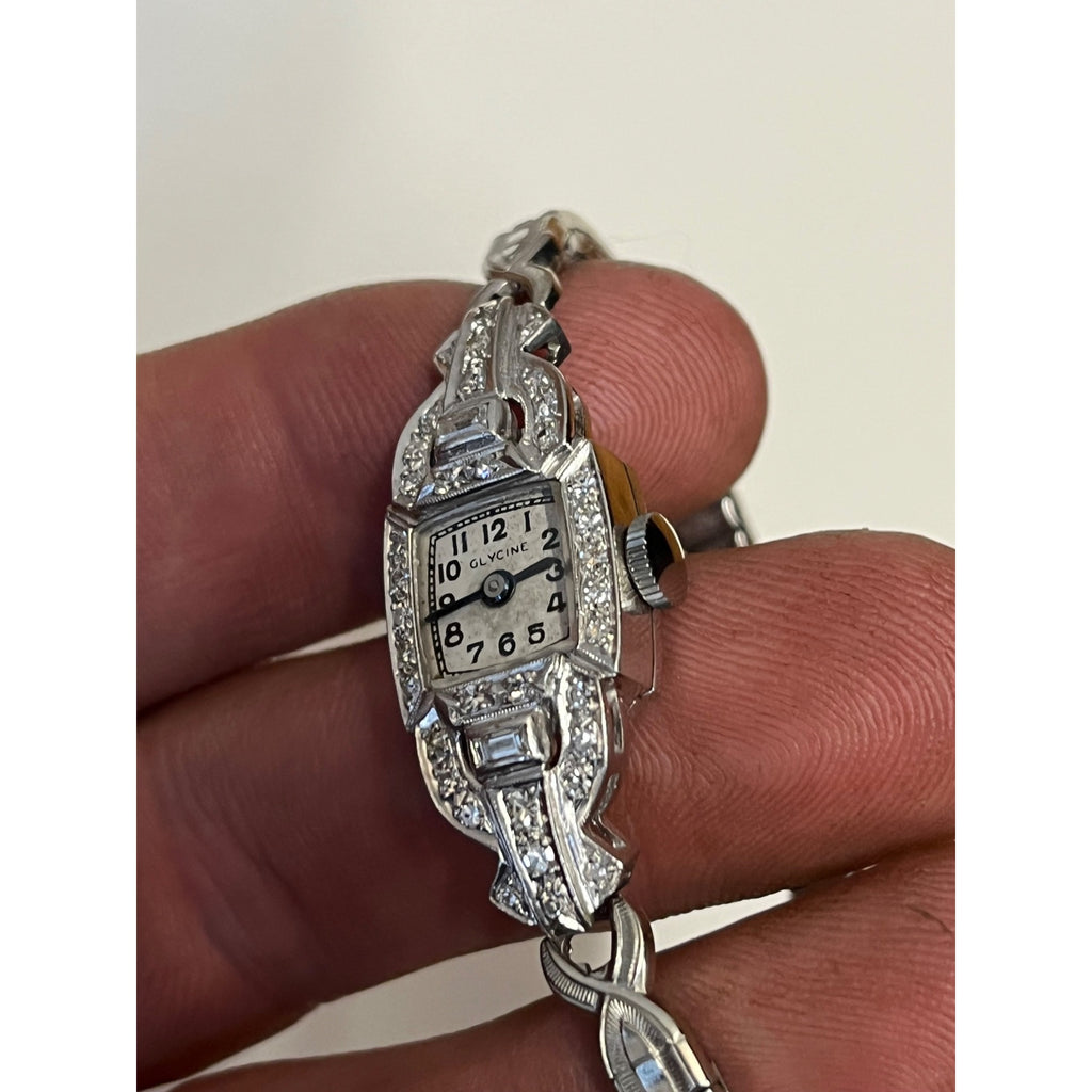 Vintage Art Deco Glycine Platinum Diamond Ladies Wristwatch 900 Platinum
