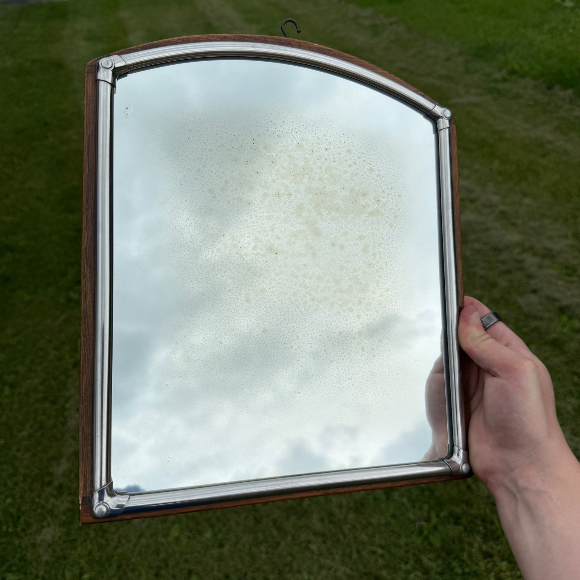 Vintage Wood & Chrome Silver Metal Mirror Mid-Century Bathroom