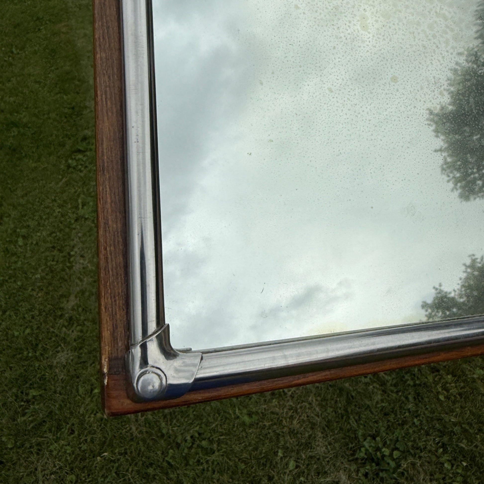Vintage Wood & Chrome Silver Metal Mirror Mid-Century Bathroom
