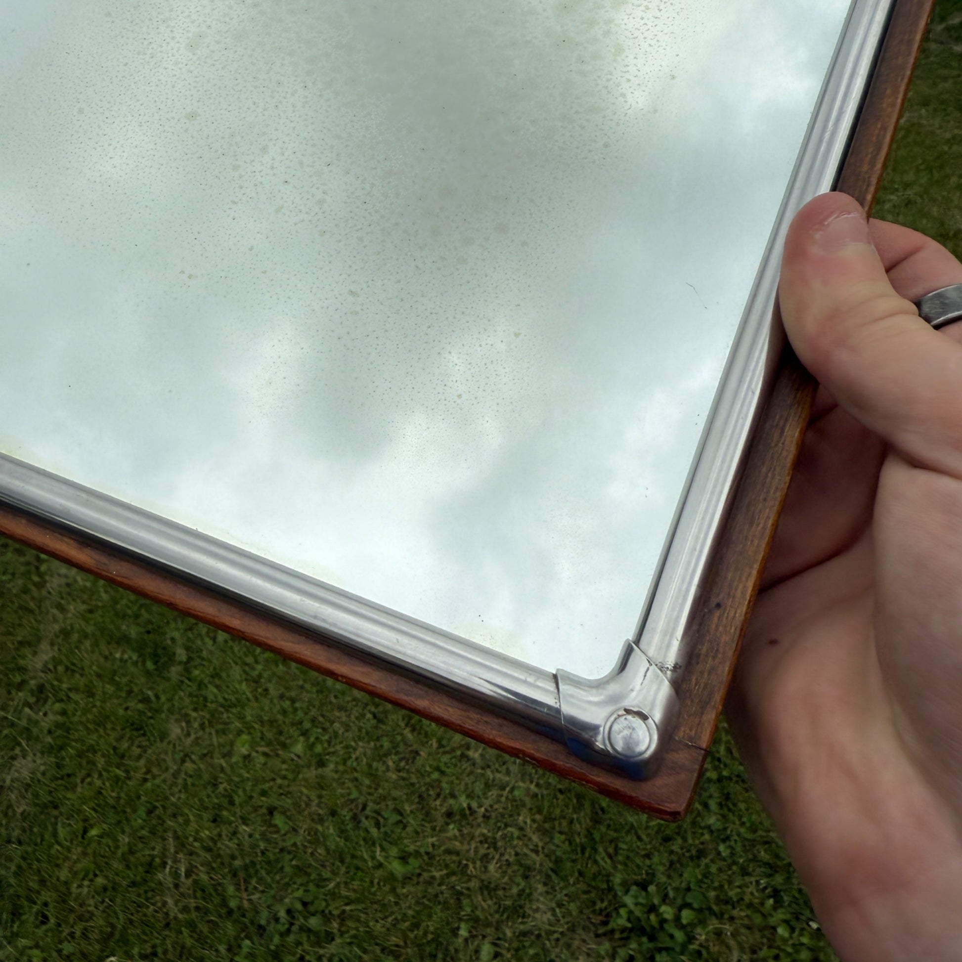 Vintage Wood & Chrome Silver Metal Mirror Mid-Century Bathroom