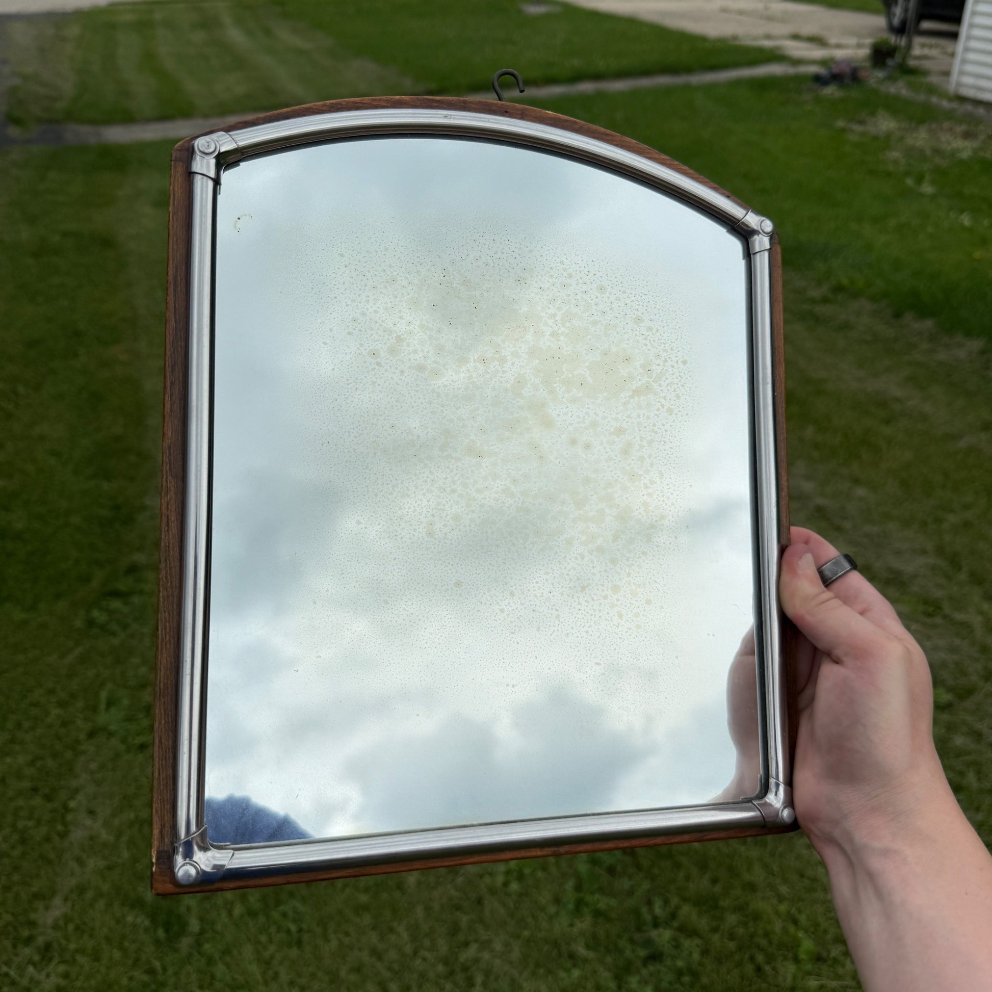 Vintage Wood & Chrome Silver Metal Mirror Mid-Century Bathroom