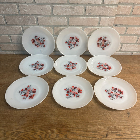 8 Primrose Plates 9" Fire King WHITE MILK GLASS Pink Red Flowers VINTAGE Dinner