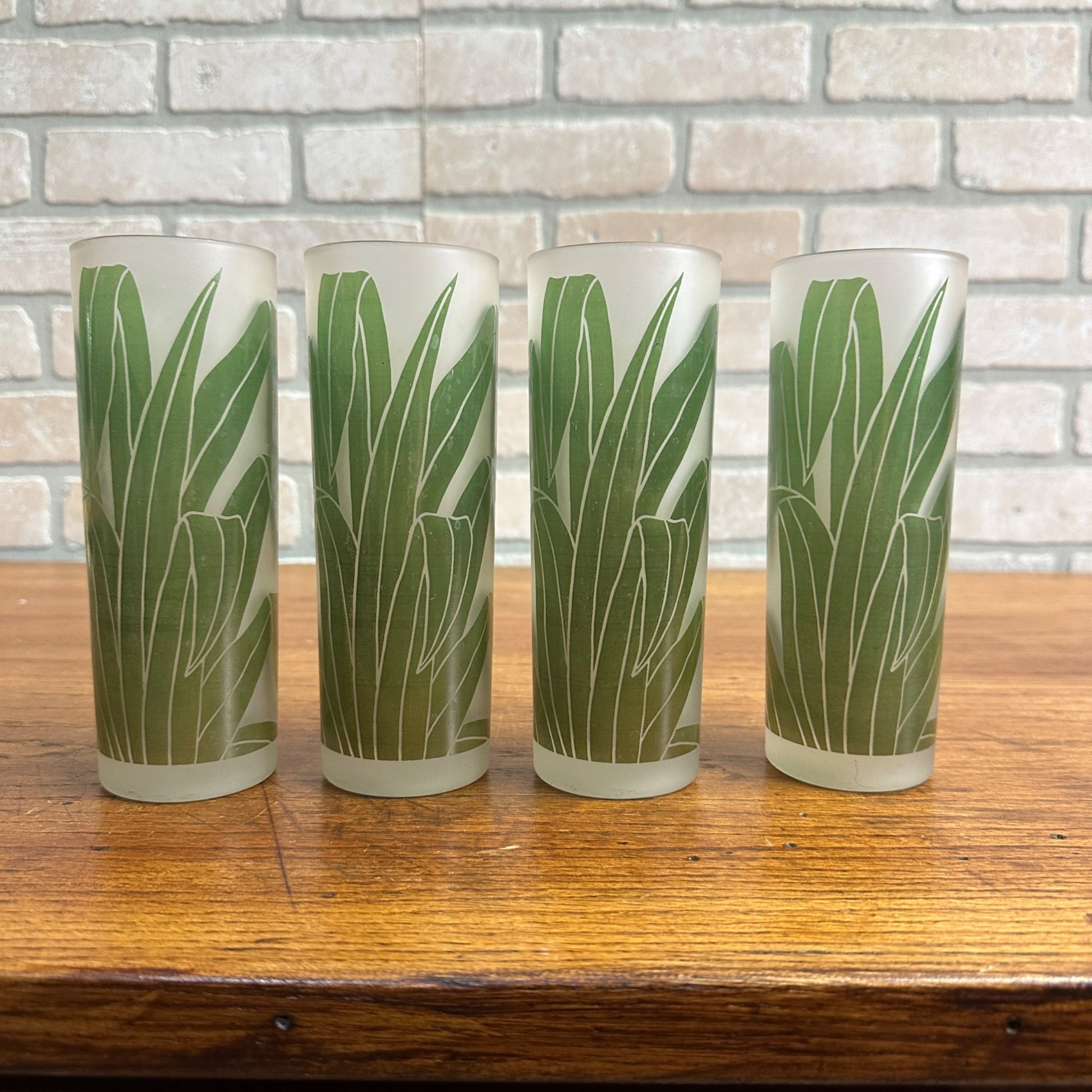 VTG SET/4 TASTESETTERS FROSTED PALM LEAF TOM COLLINS/TUMBLER GLASSES TIKI 12OZ