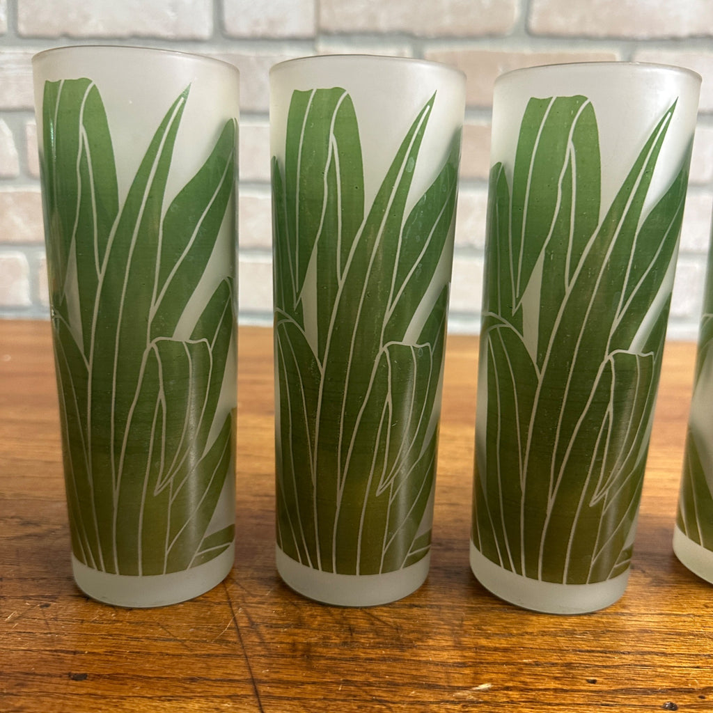 VTG SET/4 TASTESETTERS FROSTED PALM LEAF TOM COLLINS/TUMBLER GLASSES TIKI 12OZ