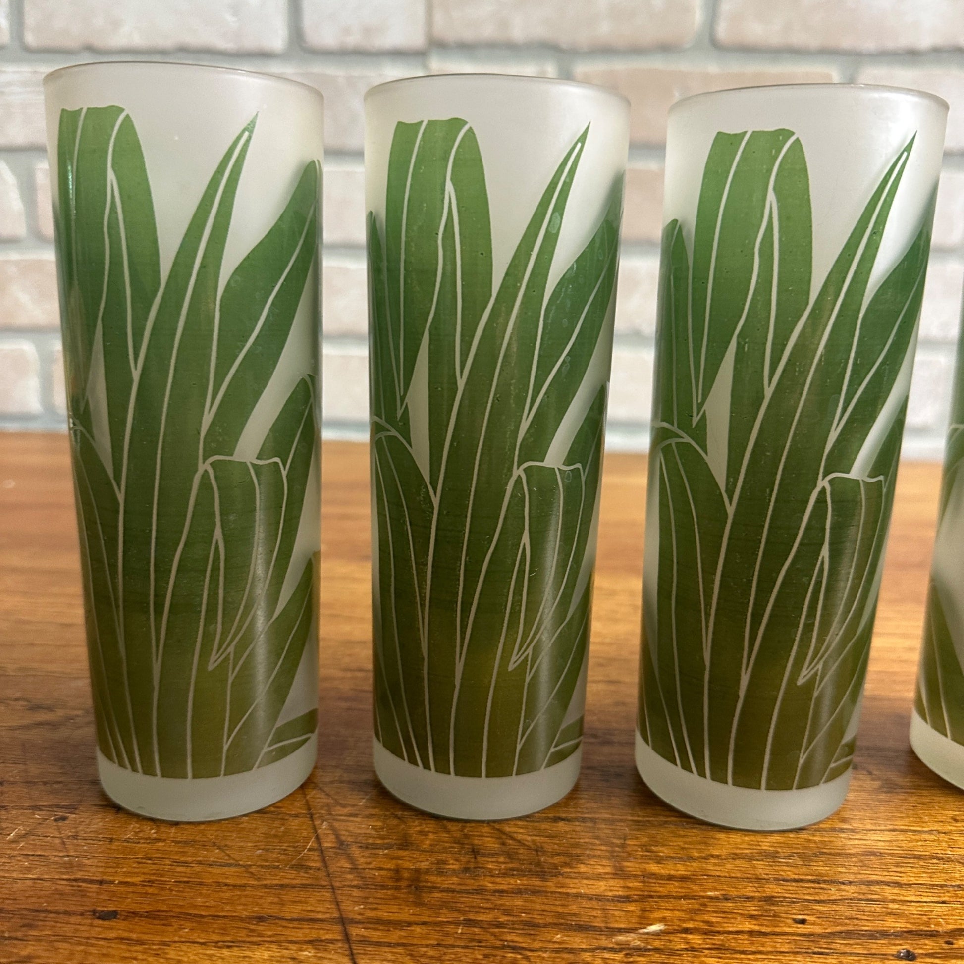 VTG SET/4 TASTESETTERS FROSTED PALM LEAF TOM COLLINS/TUMBLER GLASSES TIKI 12OZ