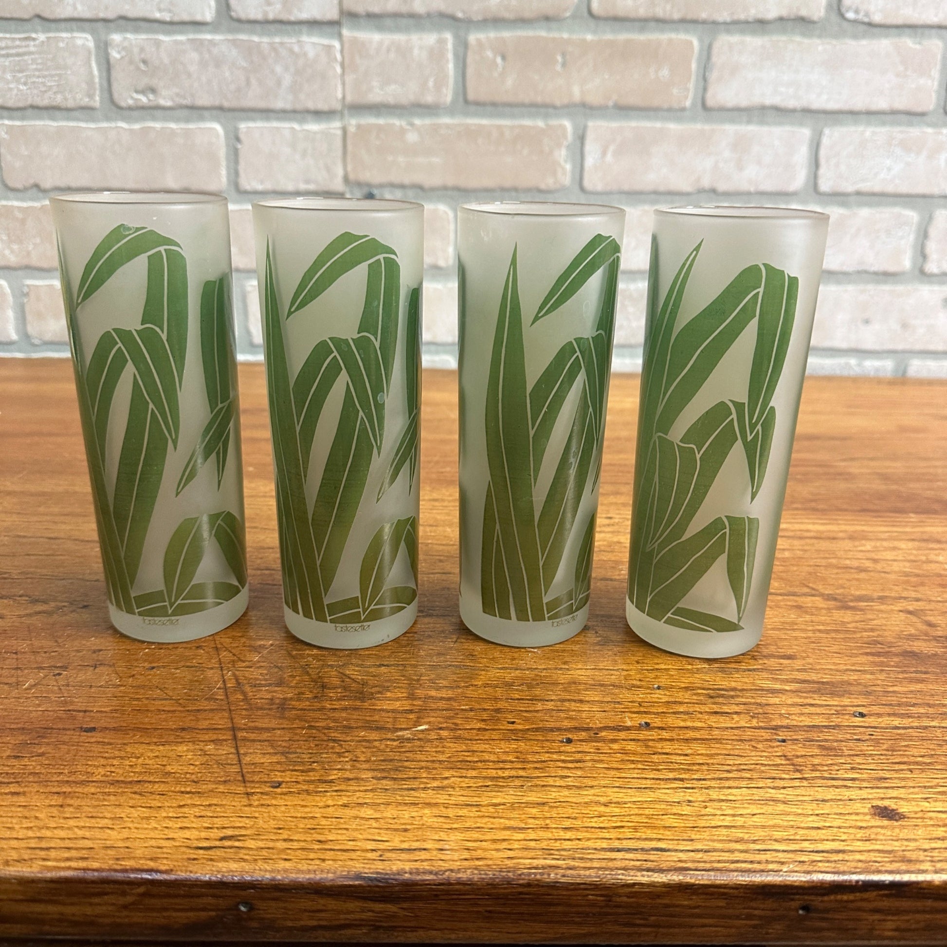 VTG SET/4 TASTESETTERS FROSTED PALM LEAF TOM COLLINS/TUMBLER GLASSES TIKI 12OZ