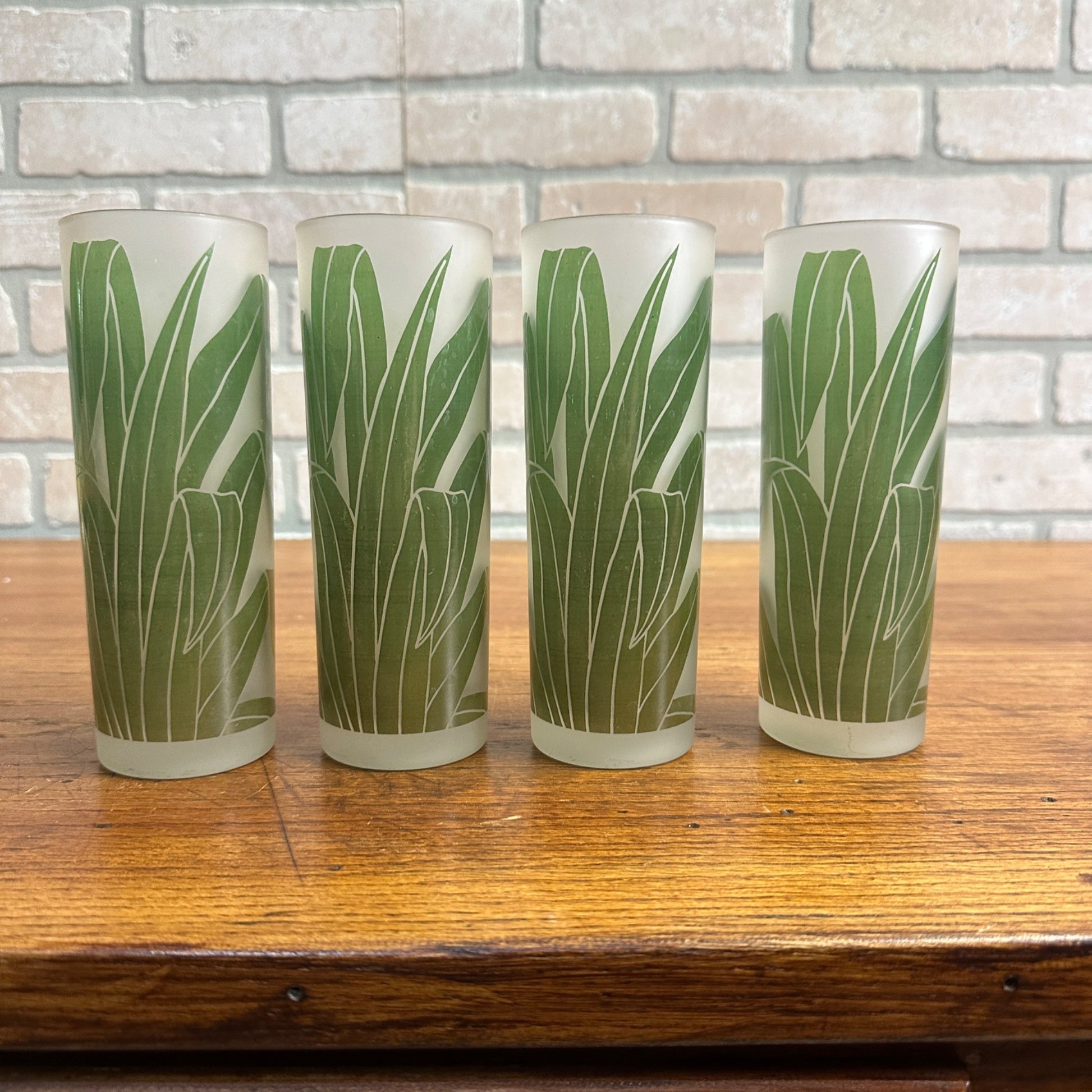 VTG SET/4 TASTESETTERS FROSTED PALM LEAF TOM COLLINS/TUMBLER GLASSES TIKI 12OZ