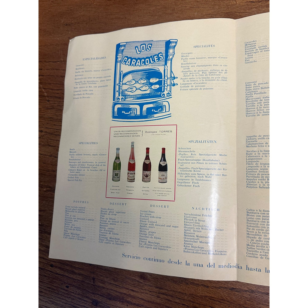 Los Caracoles Casa Bofarull Menu Barcelona Spain Signed SNAILS 1970s