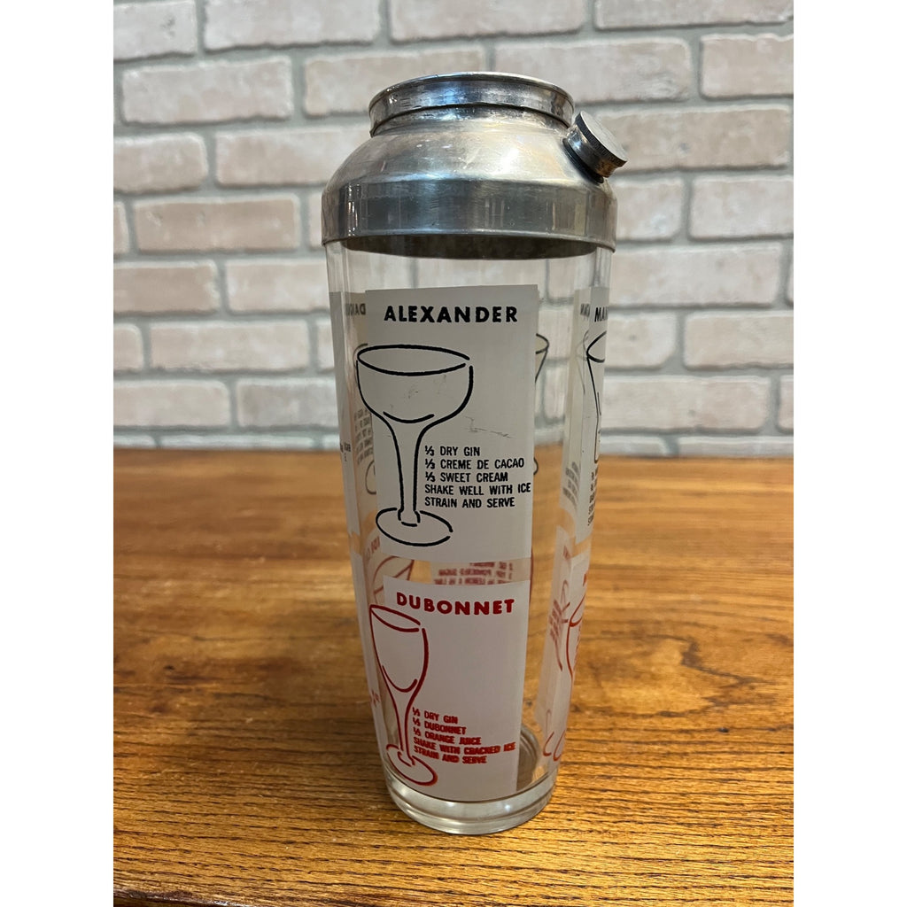 Vintage MCM Mid-Century Modern Glass Cocktail Shaker Mixer w/ Lid Retro Recipes