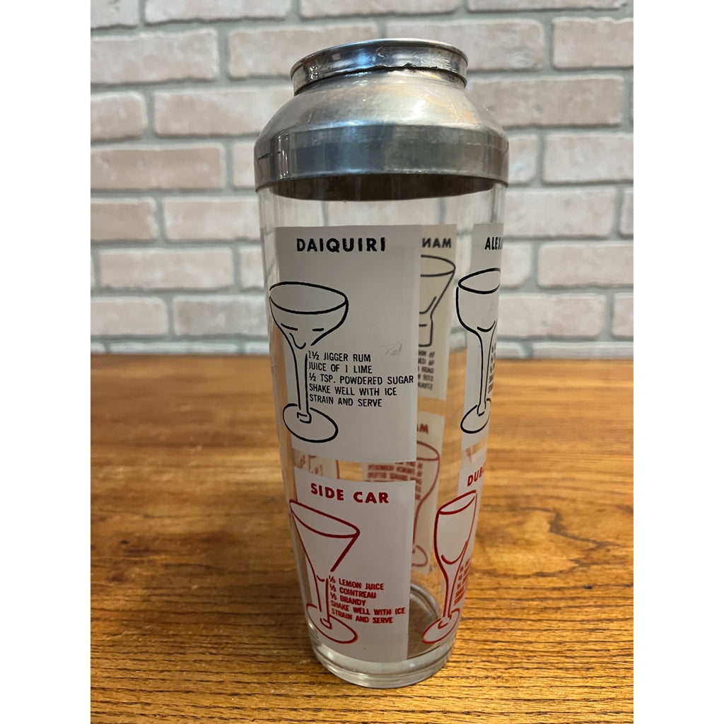 Vintage MCM Mid-Century Modern Glass Cocktail Shaker Mixer w/ Lid Retro Recipes