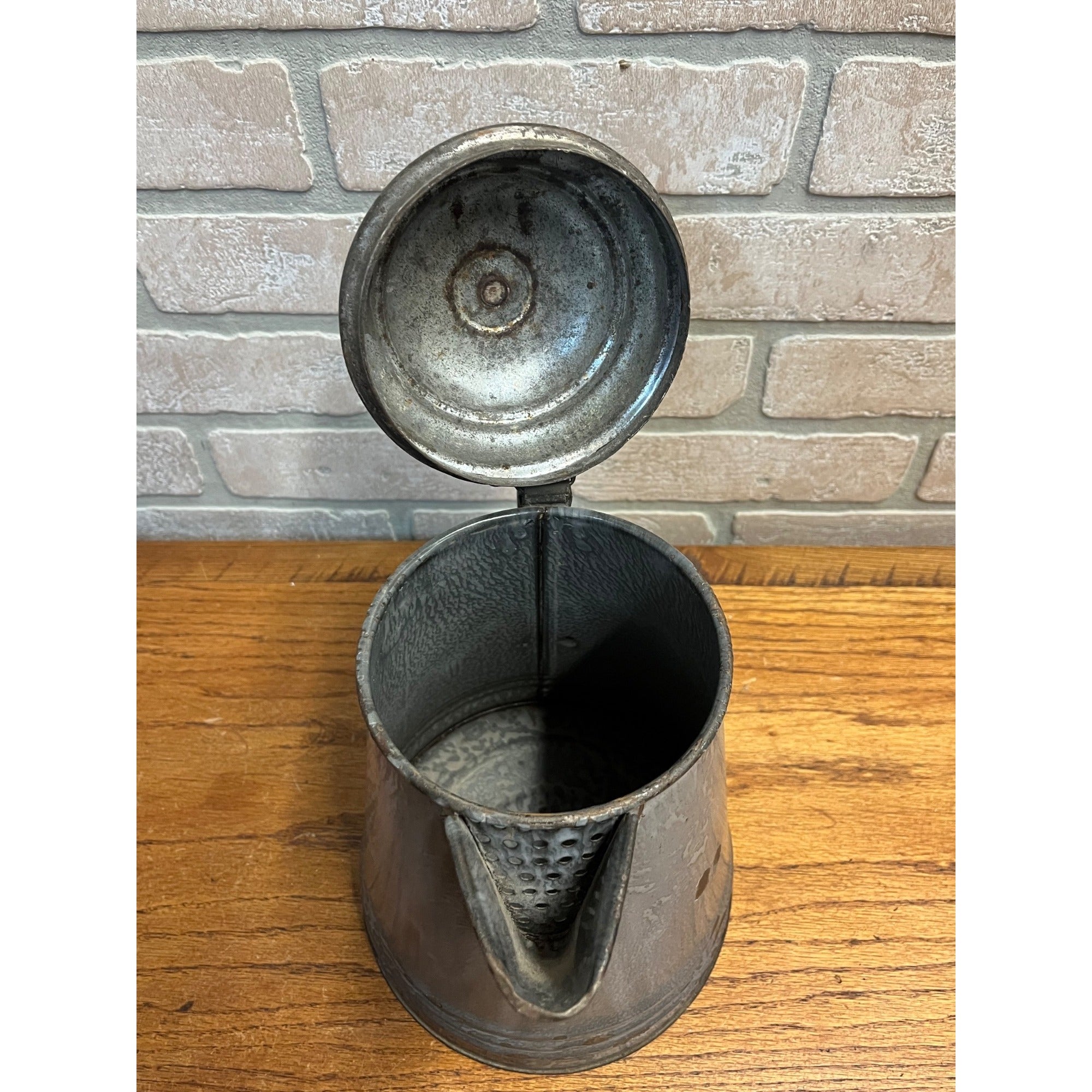 Antique Primitive Graniteware Cowboy Coffee Pot Enamelware Gray Farmhouse