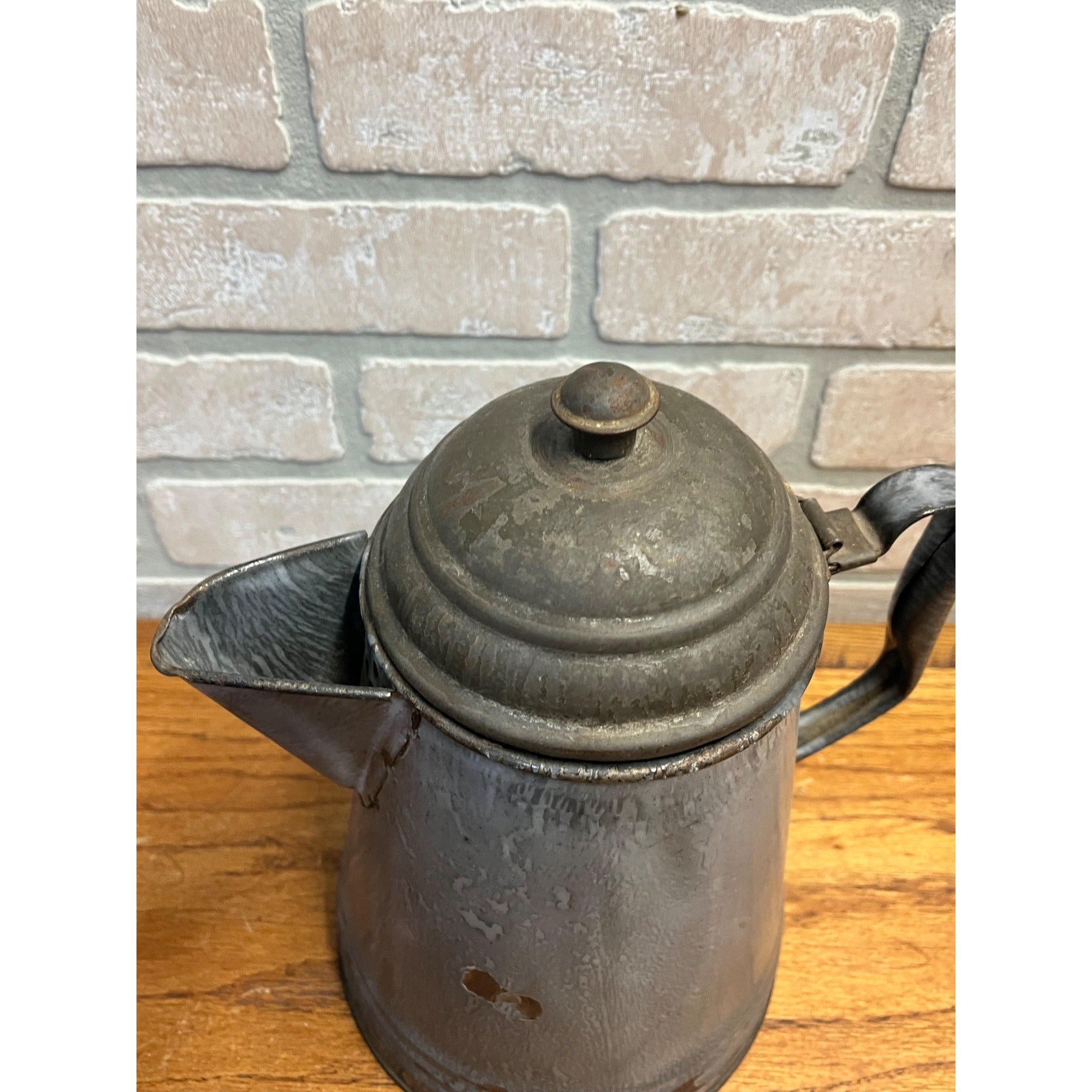 Antique Primitive Graniteware Cowboy Coffee Pot Enamelware Gray Farmhouse