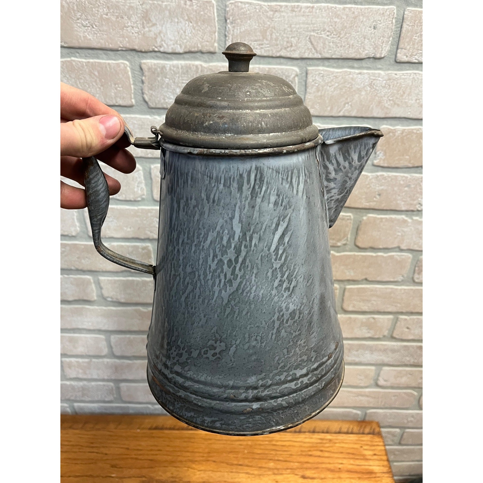 Antique Primitive Graniteware Cowboy Coffee Pot Enamelware Gray Farmhouse