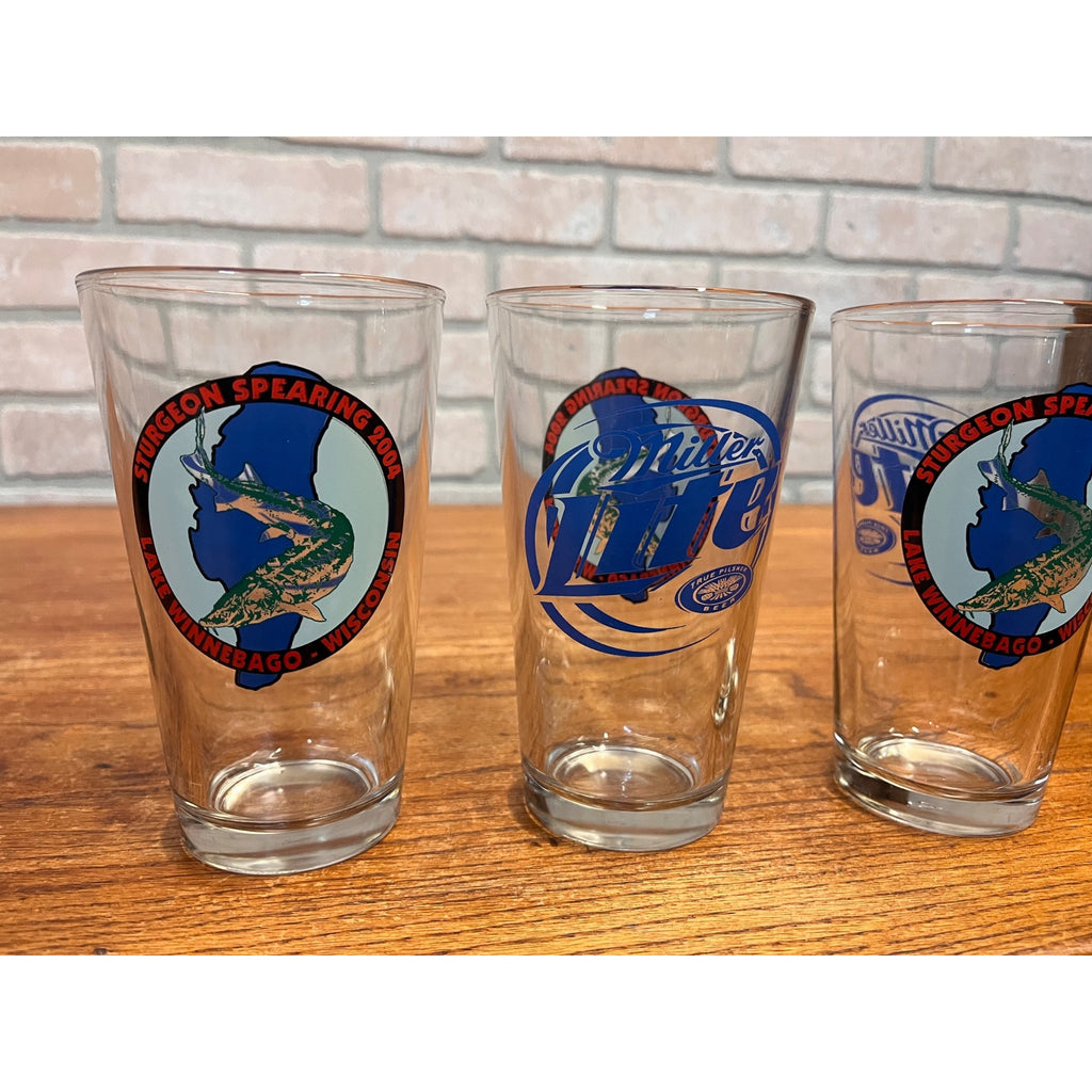 Miller Lite Beer Bar Glasses Lot (3) 2004 Lake Winnebago Sturgeon Hunt Spearing Fishing