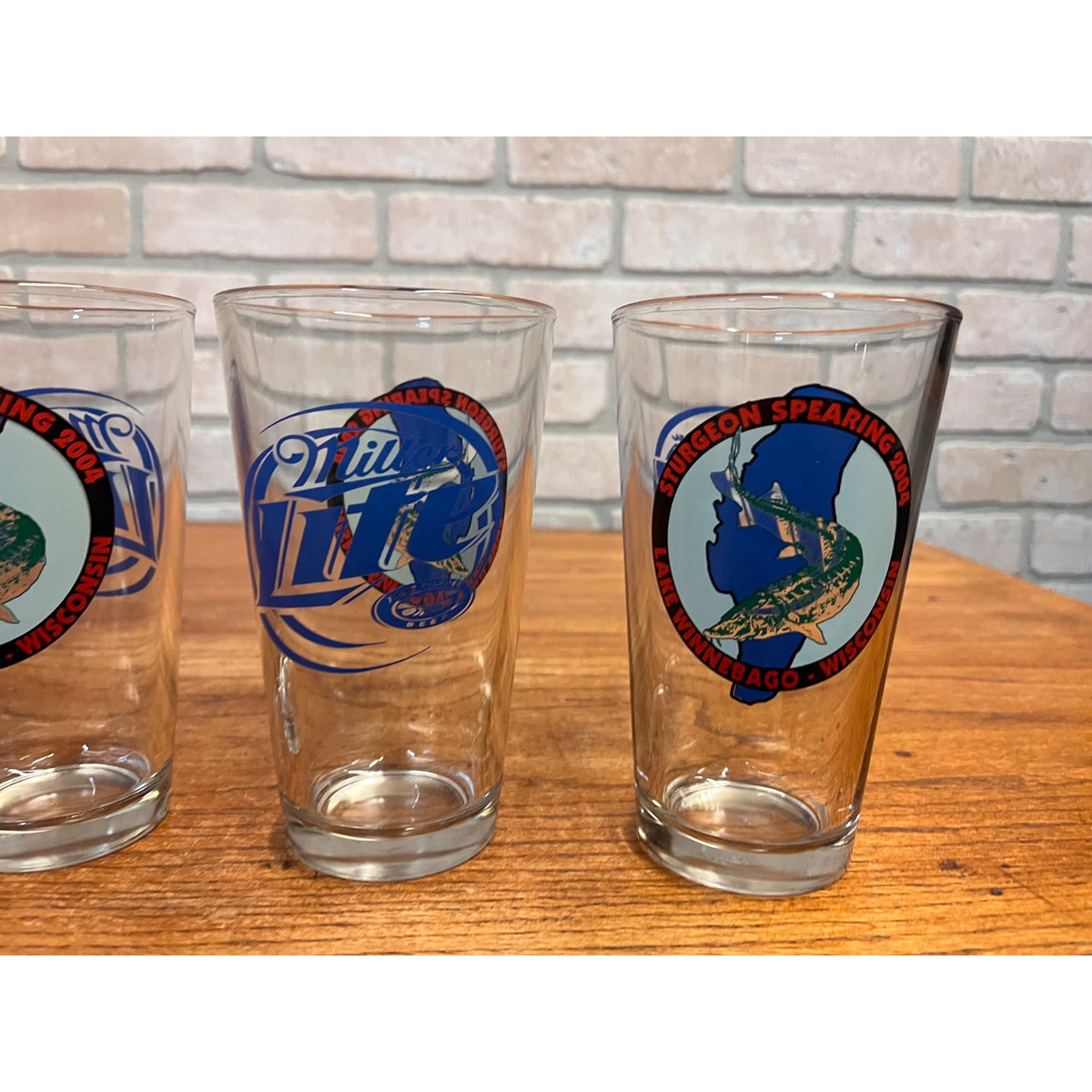 Miller Lite Beer Bar Glasses Lot (3) 2004 Lake Winnebago Sturgeon Hunt Spearing Fishing