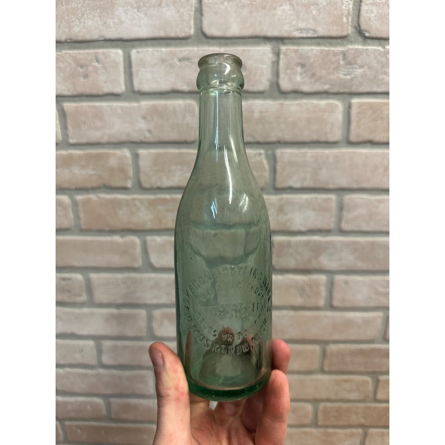 Vintage Muskegon Bottling Works Soda Bottle Aqua Blue Embossed Michigan MI