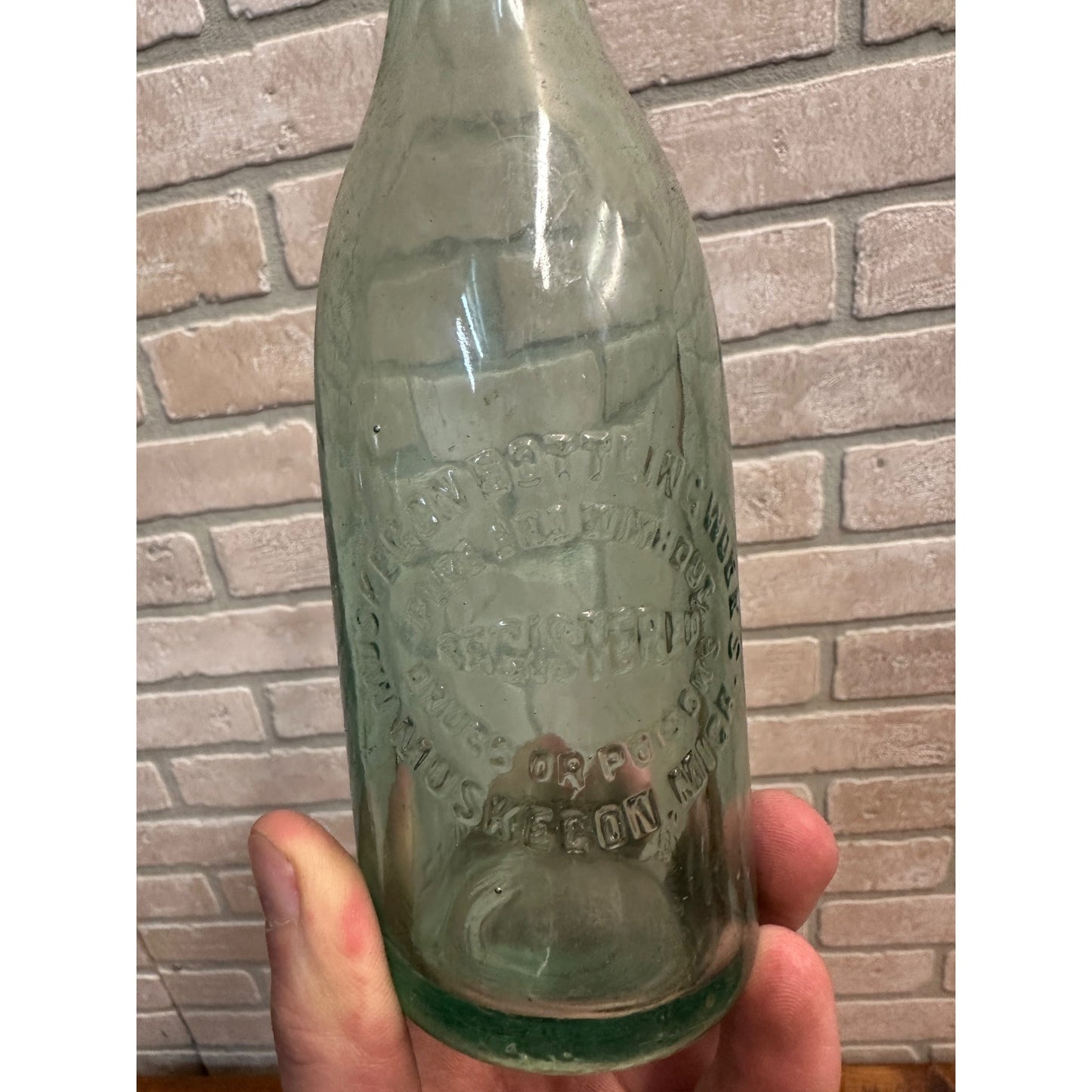 Vintage Muskegon Bottling Works Soda Bottle Aqua Blue Embossed Michigan MI