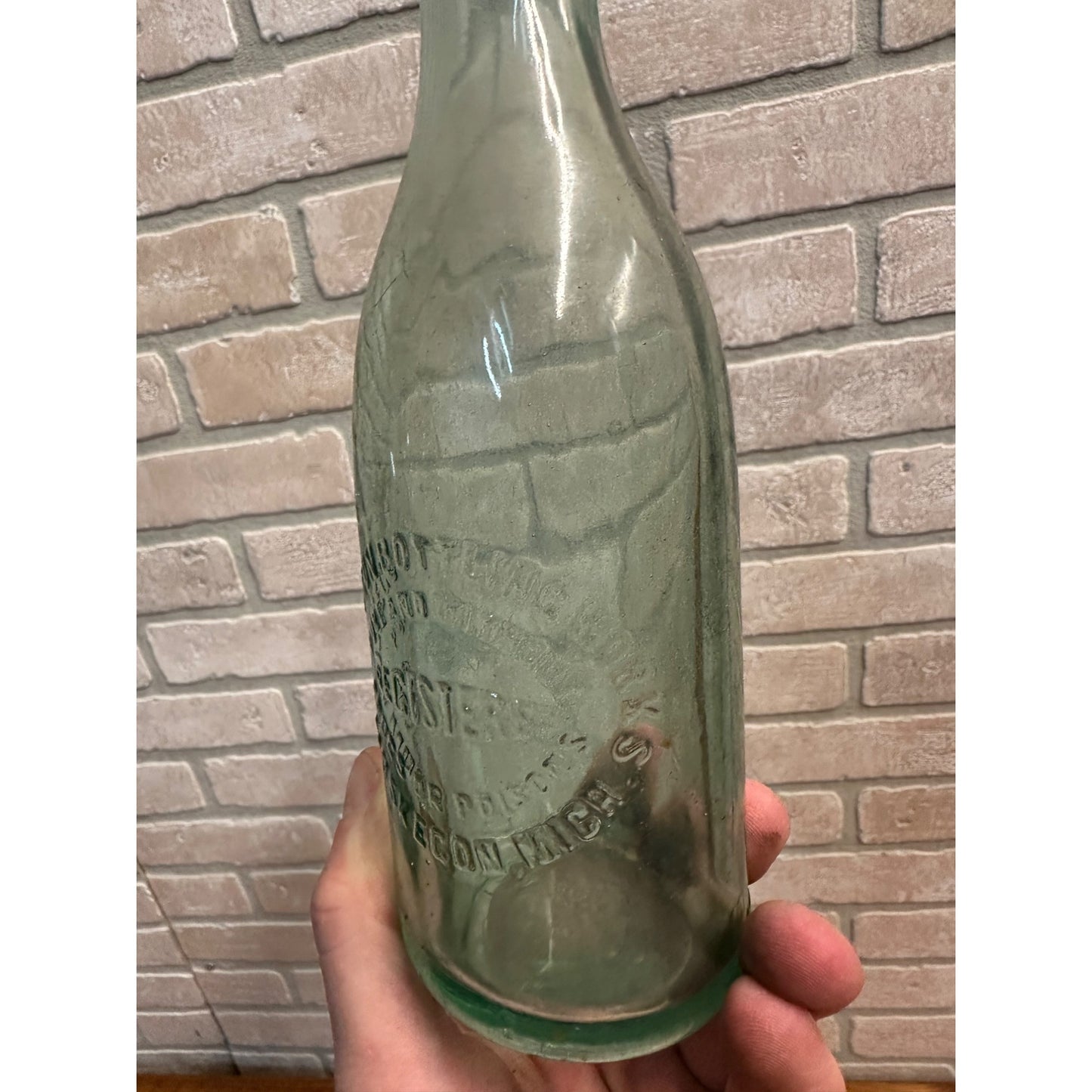 Vintage Muskegon Bottling Works Soda Bottle Aqua Blue Embossed Michigan MI