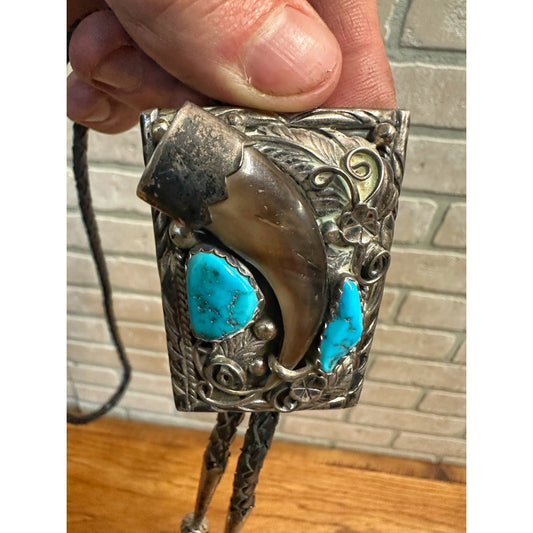 Vintage Sterling Silver Native American Turquoise Bear Claw Bolo Tie