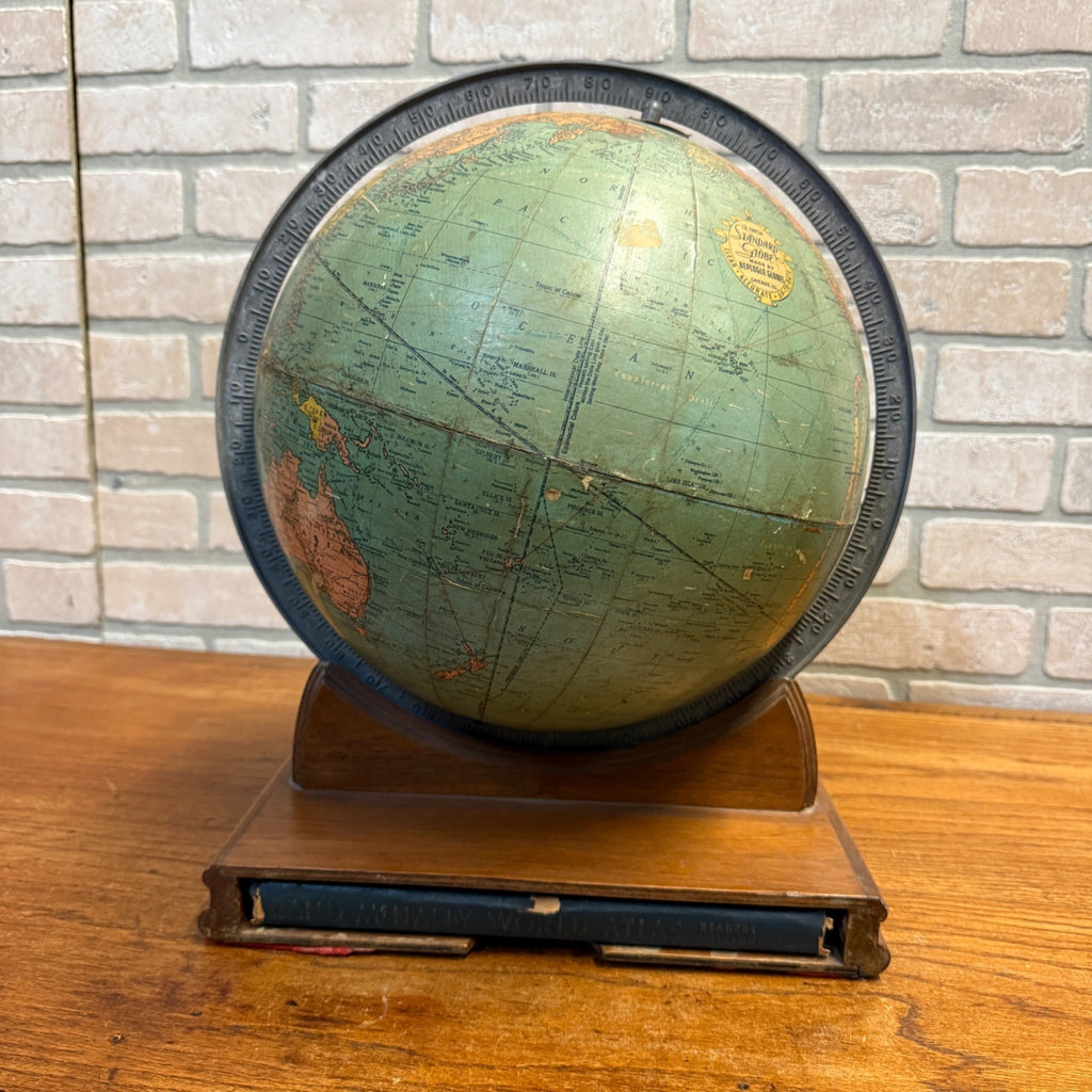 Antique 1940's WWII Rand McNally Art Deco World Terrestrial Globe Base W/Atlas