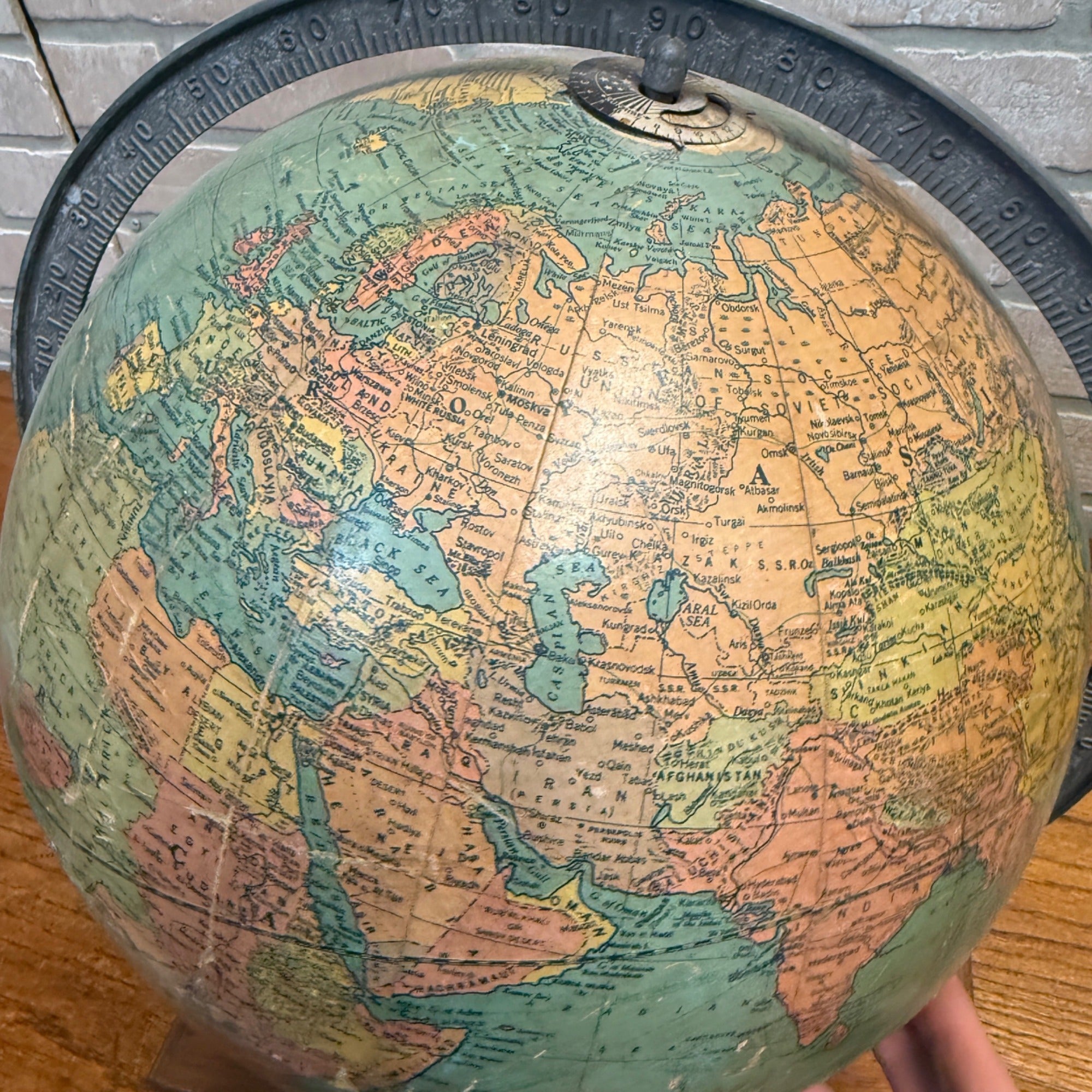 Antique 1940's WWII Rand McNally Art Deco World Terrestrial Globe Base W/Atlas