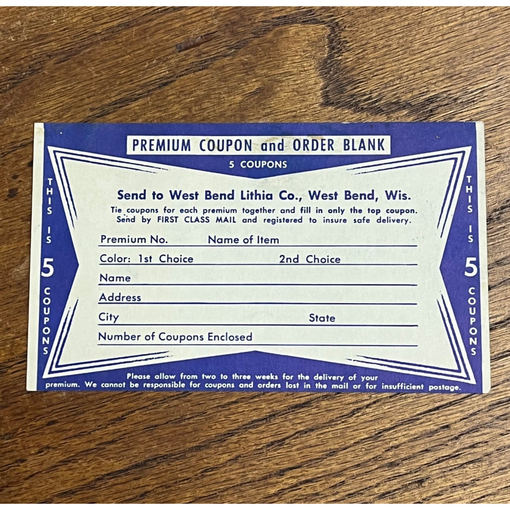 Vintage 1940s West Bend Lithia Beer Coupon Card Advertising Promo Wis - Blue