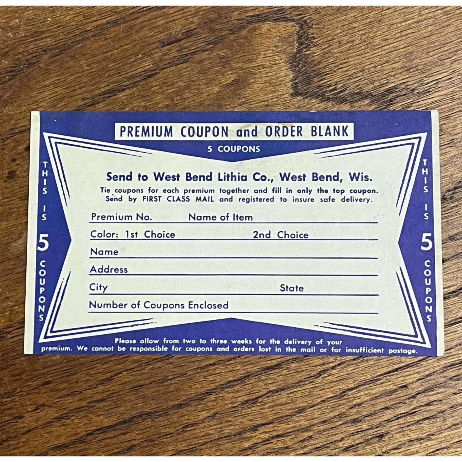 Vintage 1940s West Bend Lithia Beer Coupon Card Advertising Promo Wis - Blue