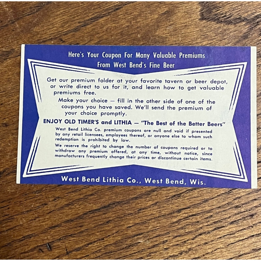 Vintage 1940s West Bend Lithia Beer Coupon Card Advertising Promo Wis - Blue
