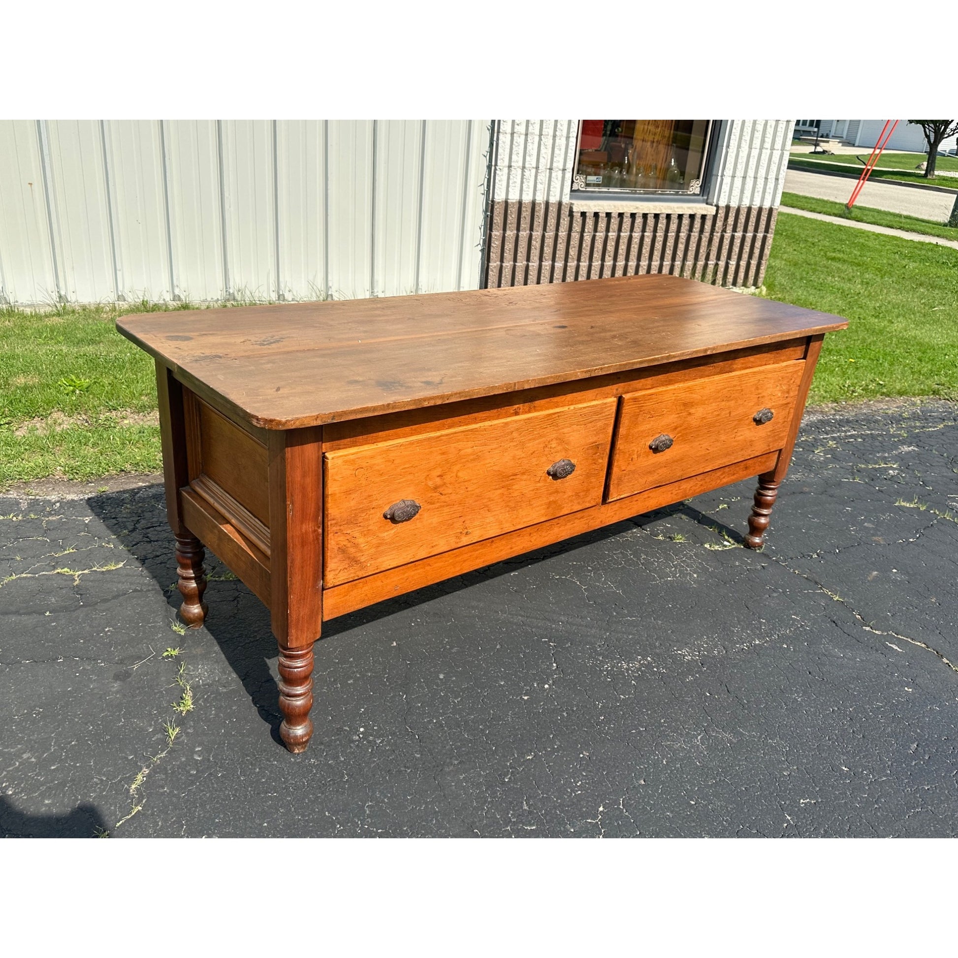 Antique Primitive Two-Drawer Kitchen Workstation  Table Cabinet