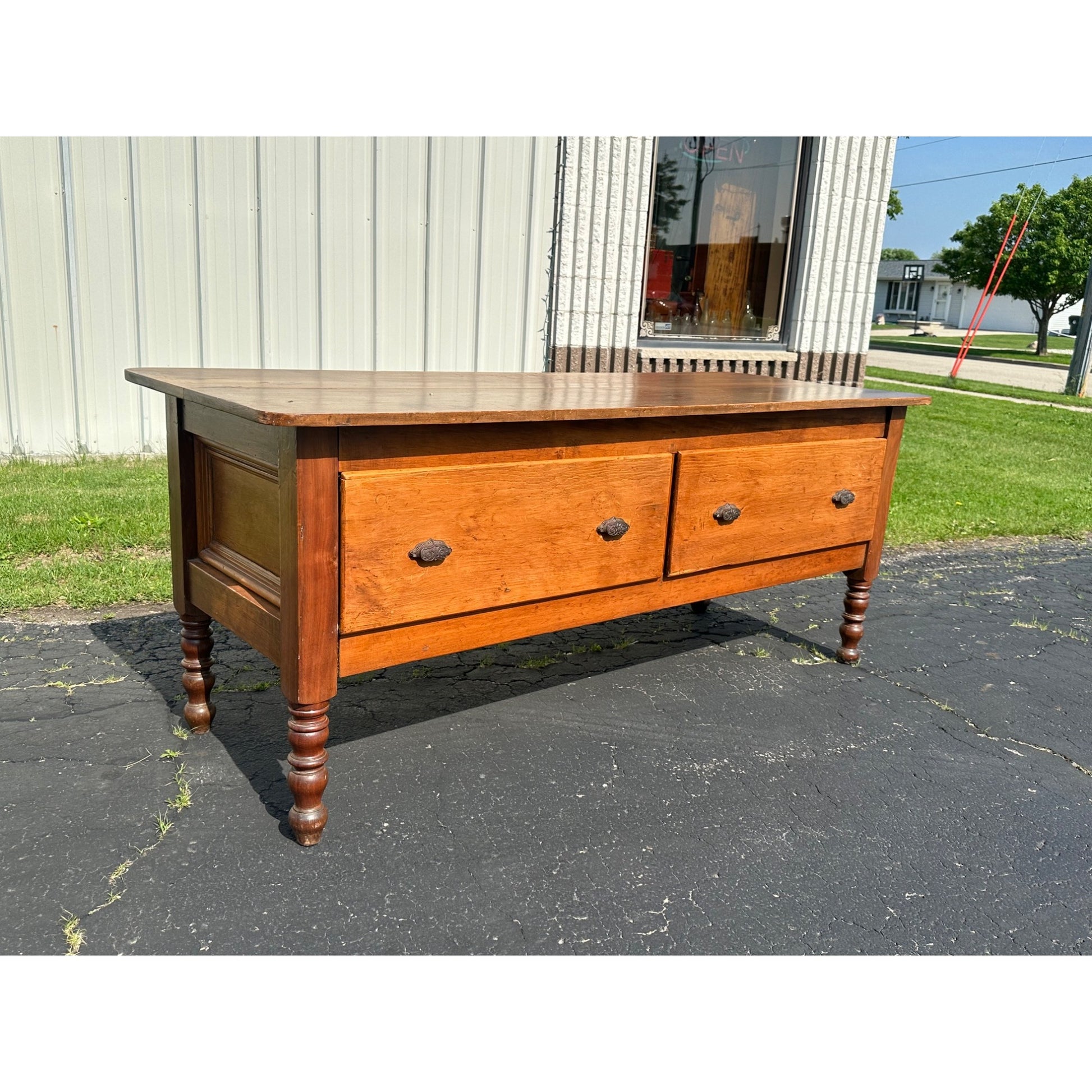 Antique Primitive Two-Drawer Kitchen Workstation  Table Cabinet