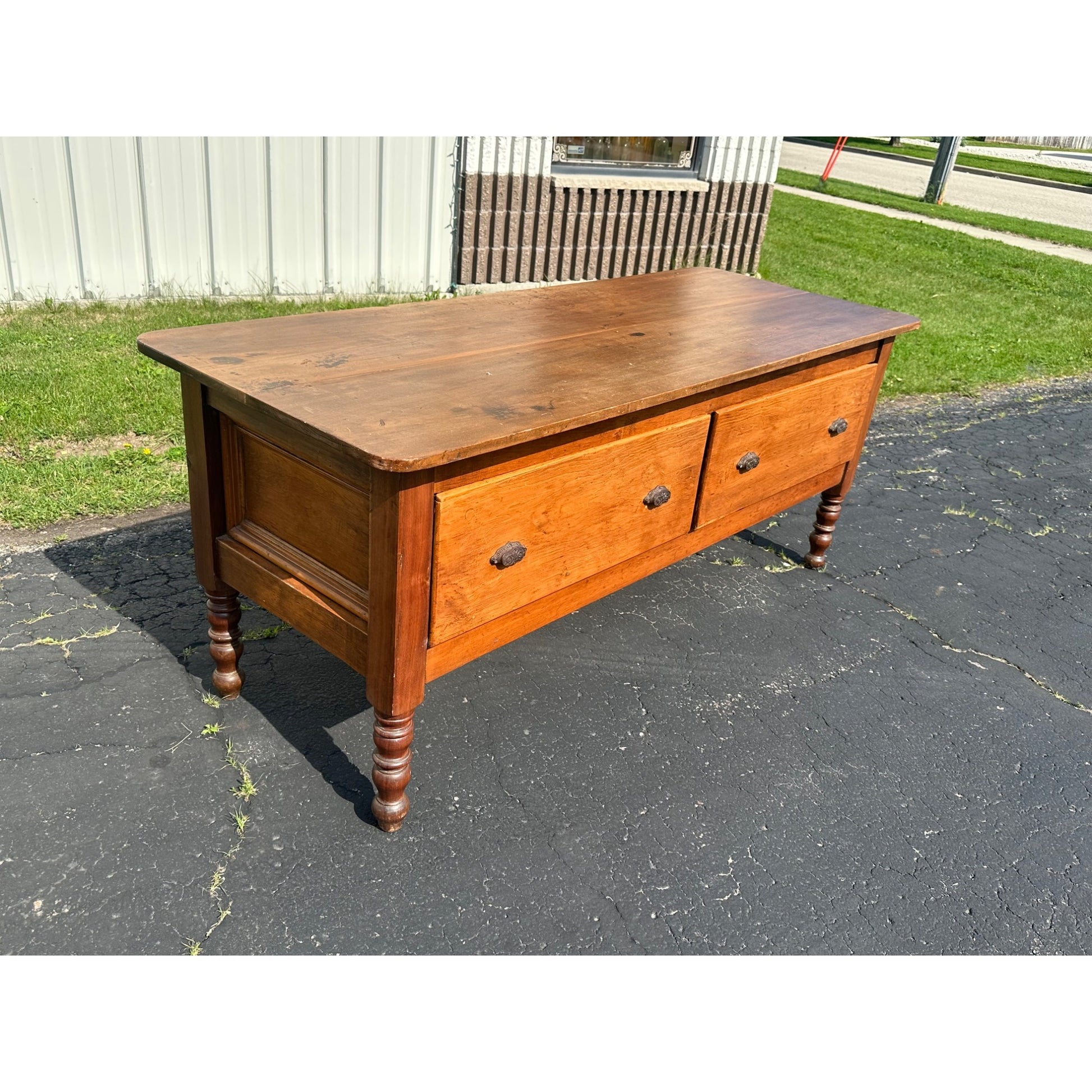 Antique Primitive Two-Drawer Kitchen Workstation  Table Cabinet