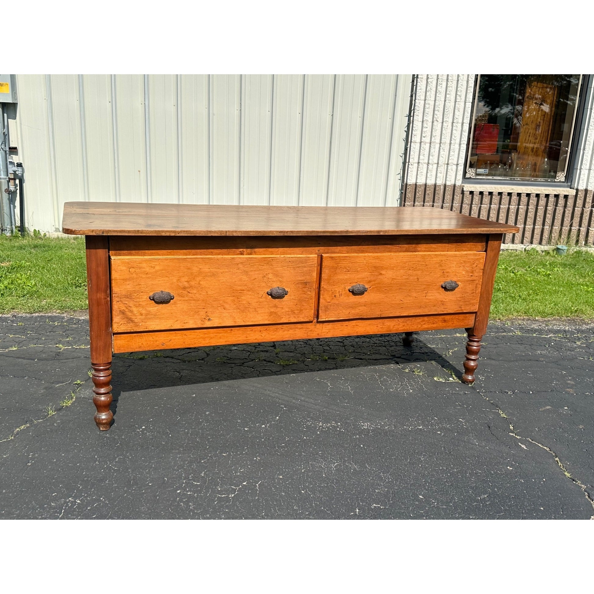 Antique Primitive Two-Drawer Kitchen Workstation  Table Cabinet