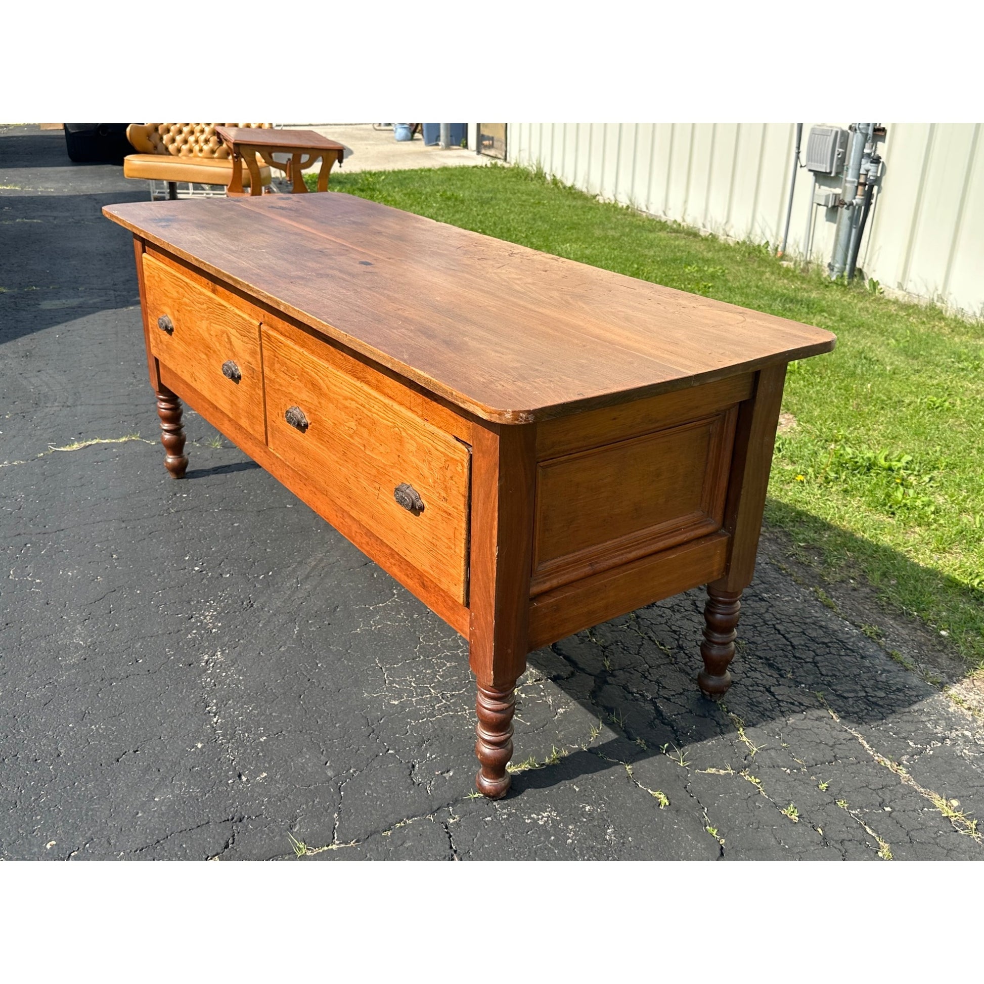 Antique Primitive Two-Drawer Kitchen Workstation  Table Cabinet