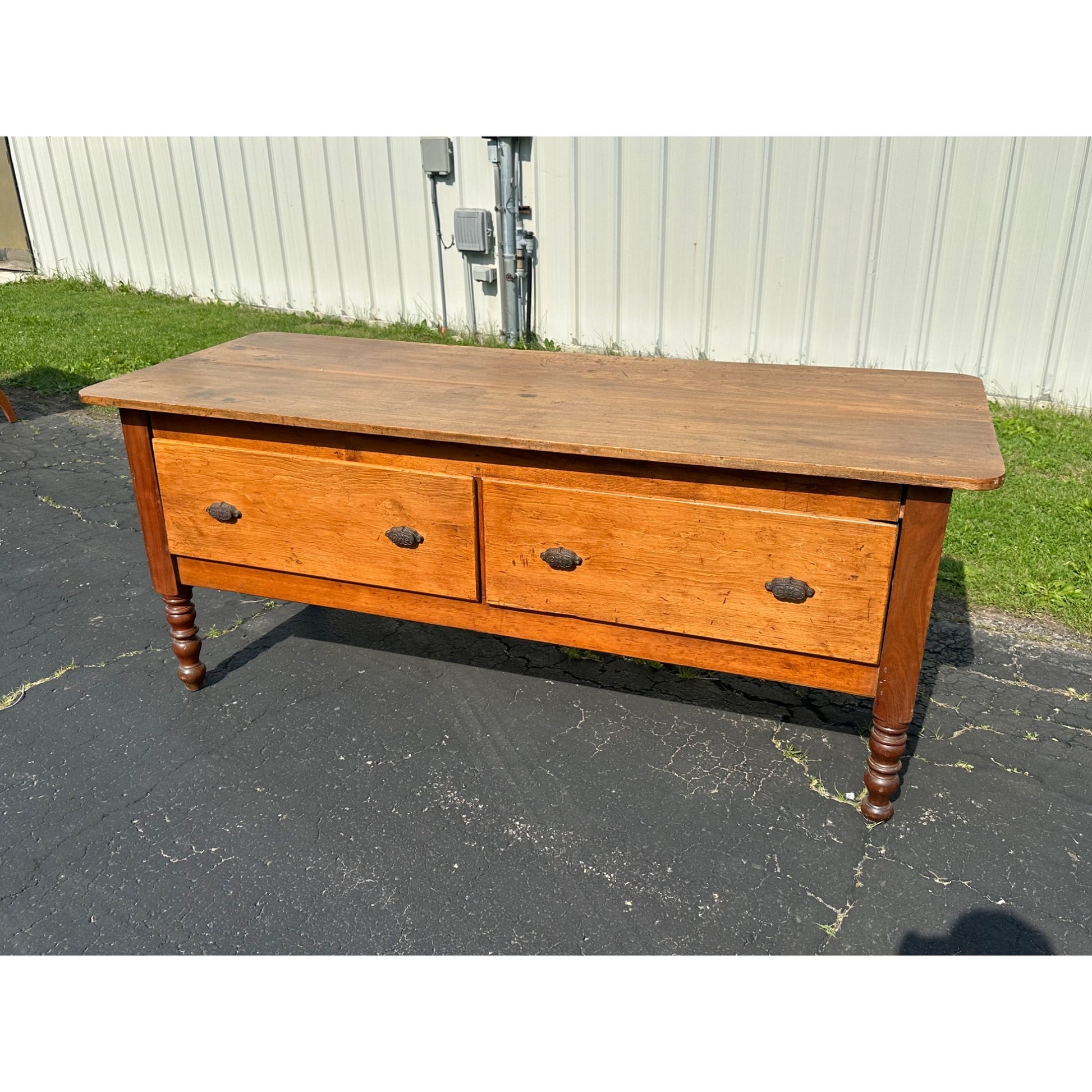 Antique Primitive Two-Drawer Kitchen Workstation  Table Cabinet