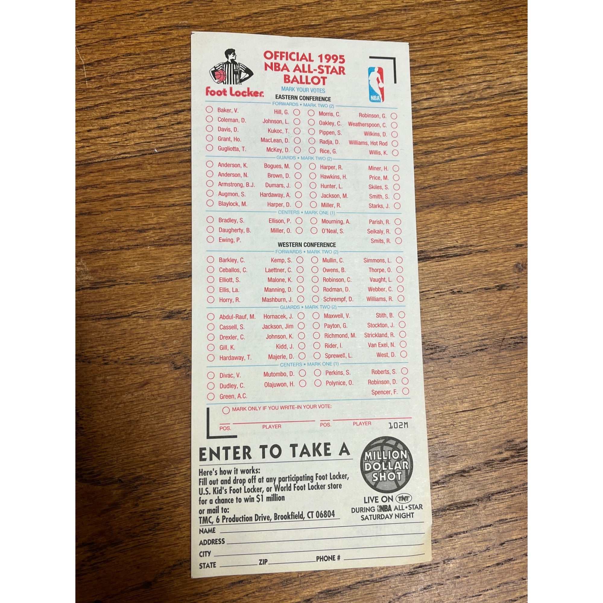 Vintage 1995 Official NBA All-Star Voting Ballot Unused - Shaq Barkley