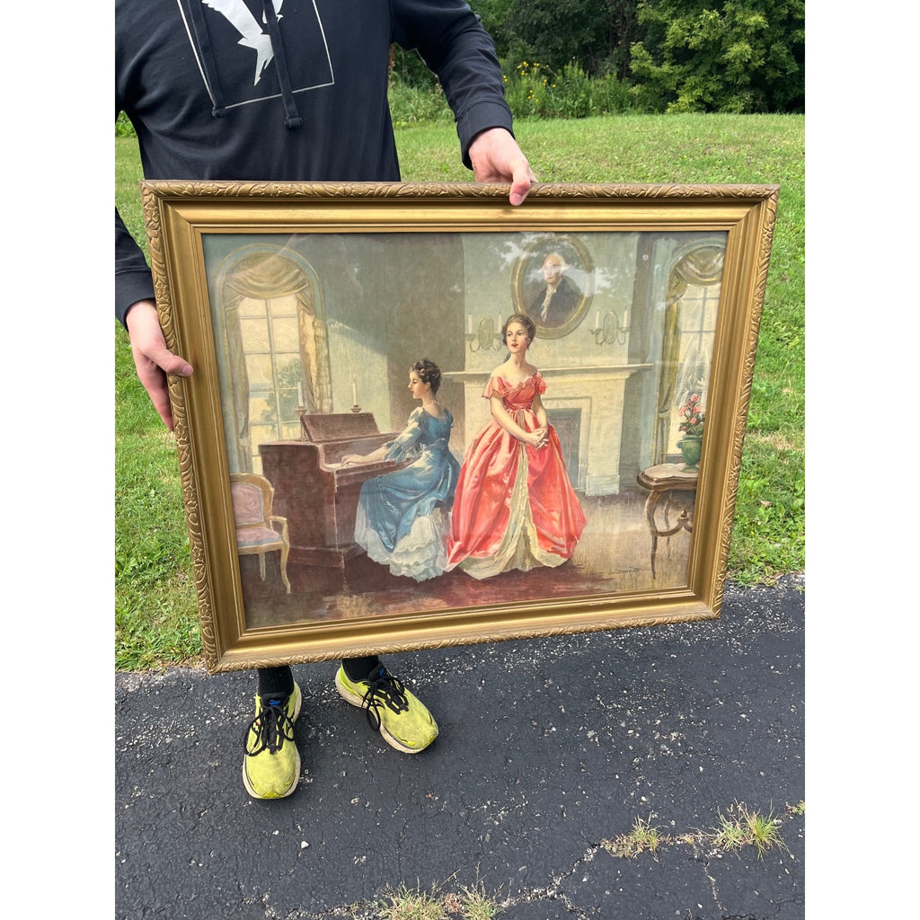 Vintage Framed Print Vincent Aderente "My Country Tis of Thee" Victorian Parlor Scene Patriotic 1950's