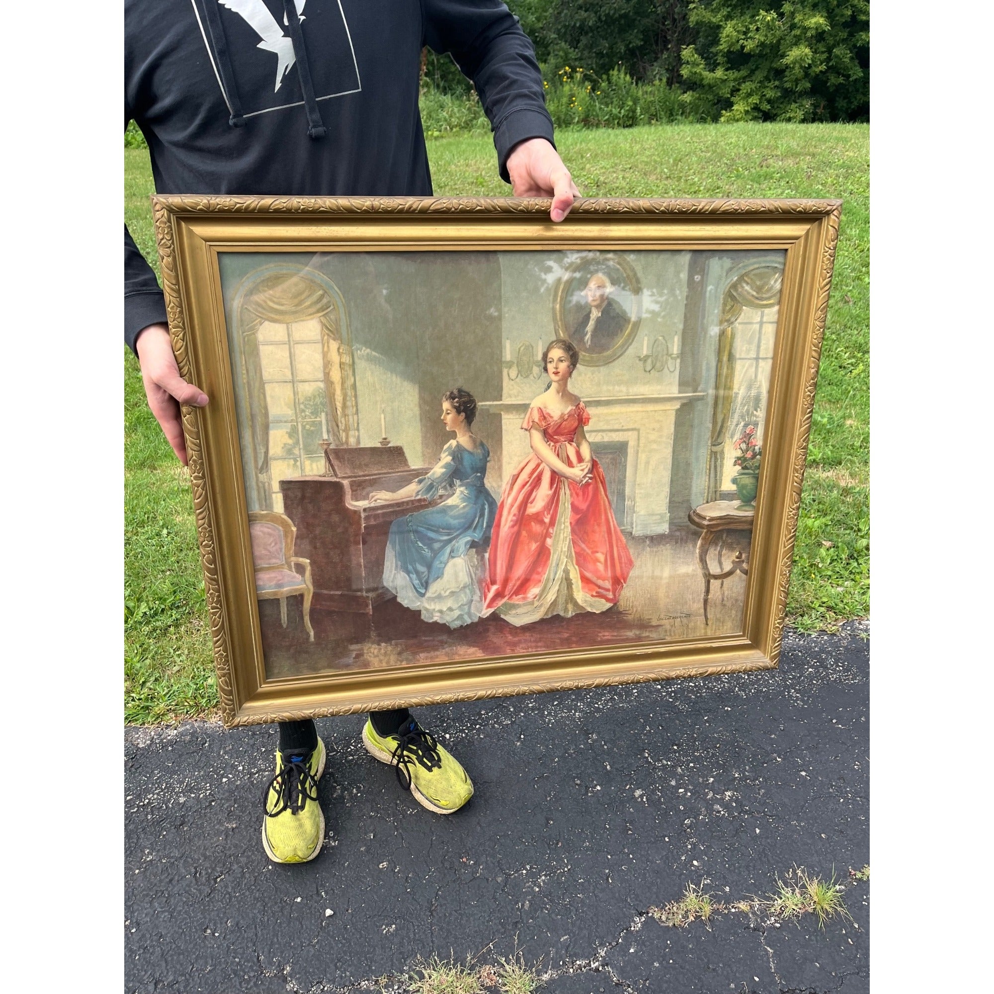 Vintage Framed Print Vincent Aderente "My Country Tis of Thee" Victorian Parlor Scene Patriotic 1950's