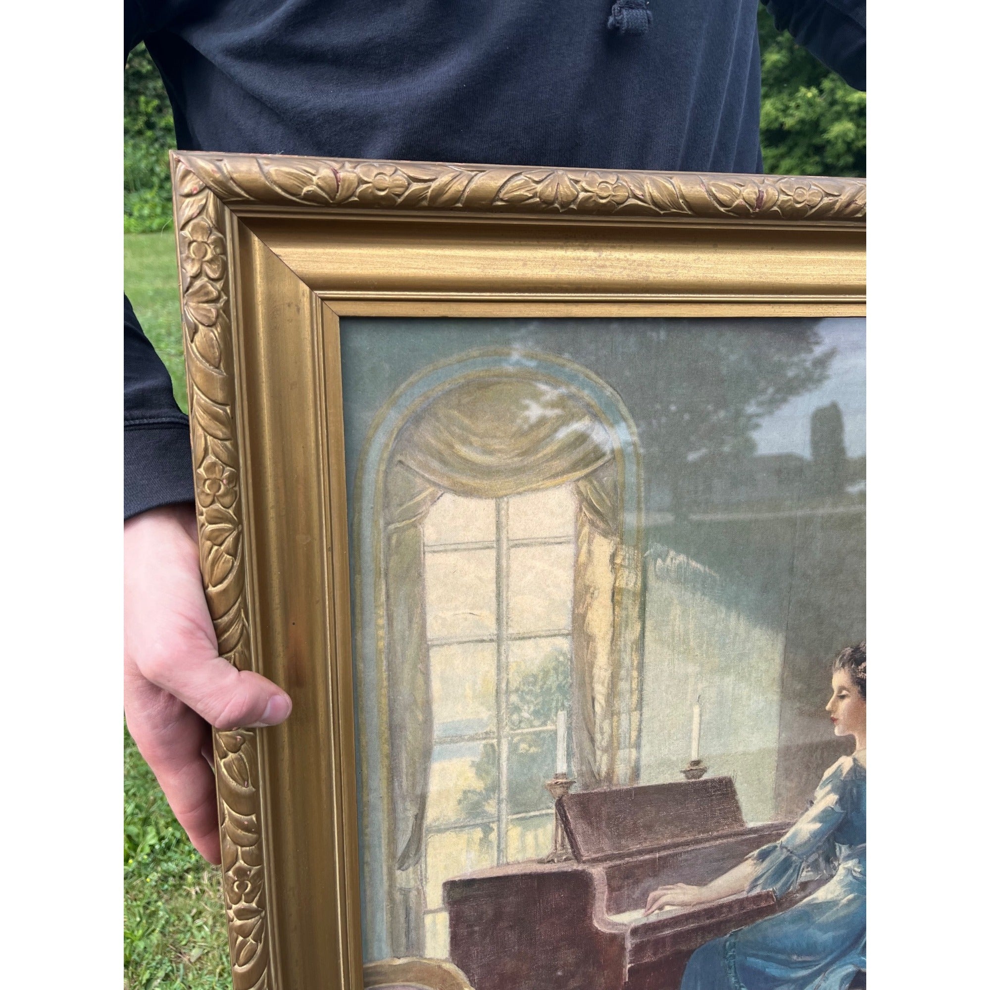 Vintage Framed Print Vincent Aderente "My Country Tis of Thee" Victorian Parlor Scene Patriotic 1950's