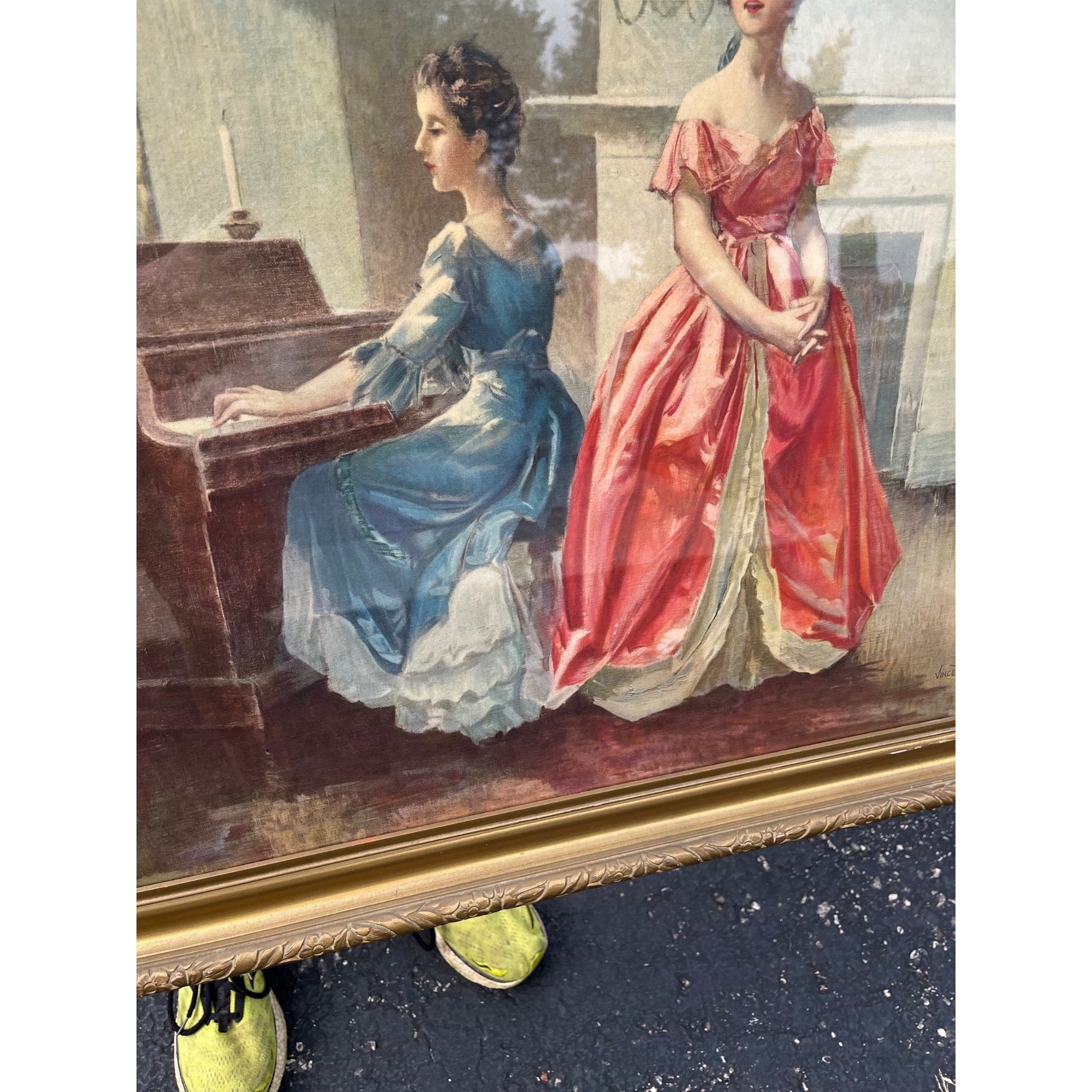 Vintage Framed Print Vincent Aderente "My Country Tis of Thee" Victorian Parlor Scene Patriotic 1950's