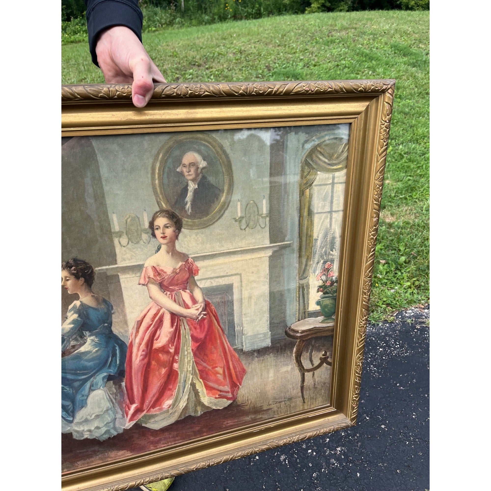 Vintage Framed Print Vincent Aderente "My Country Tis of Thee" Victorian Parlor Scene Patriotic 1950's