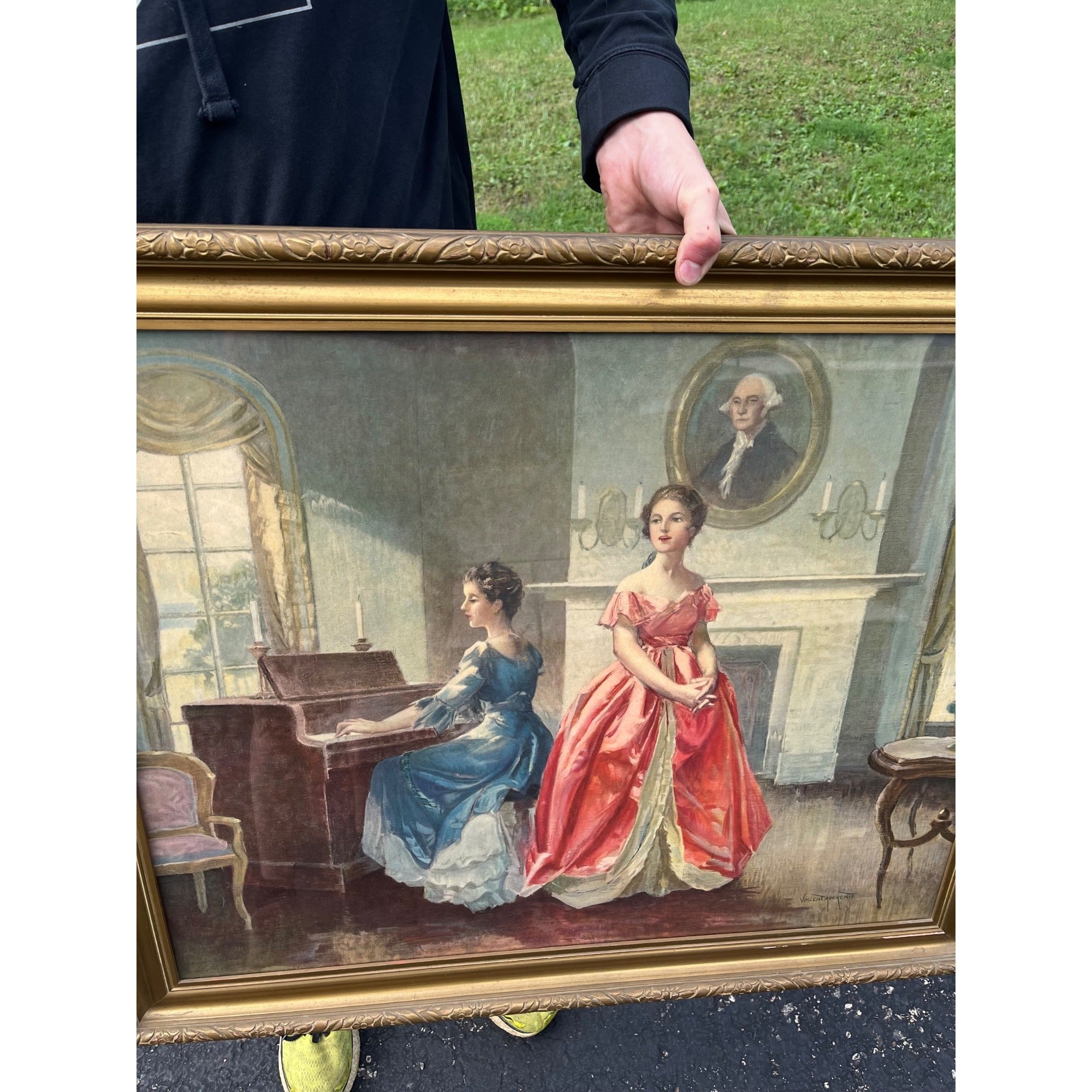 Vintage Framed Print Vincent Aderente "My Country Tis of Thee" Victorian Parlor Scene Patriotic 1950's