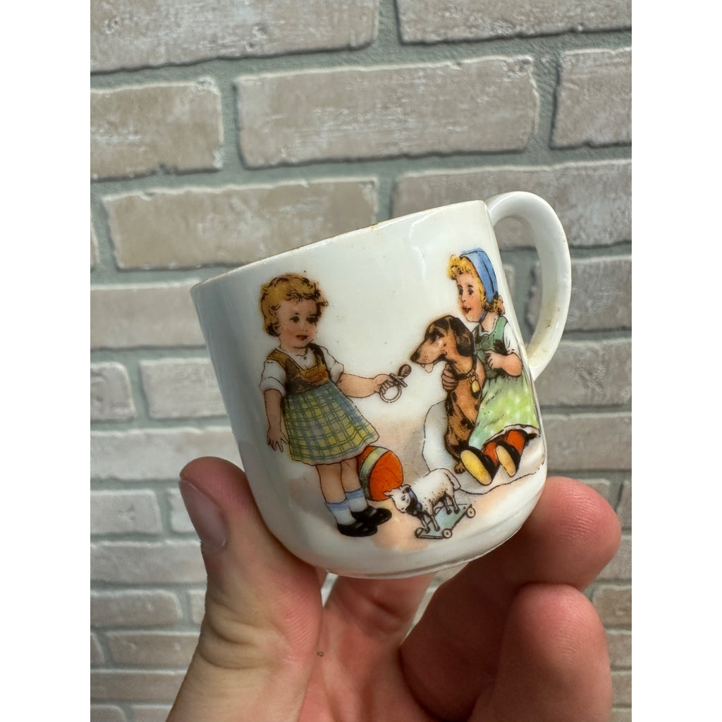 Small Victorian Child's Tea Cup Mug Girls and Dog white Porcelain 2" tall