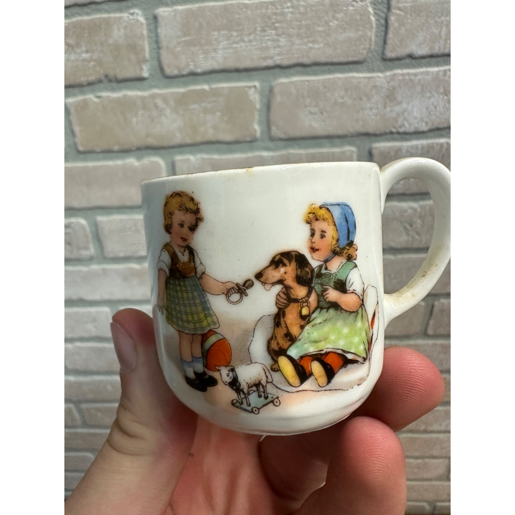 Small Victorian Child's Tea Cup Mug Girls and Dog white Porcelain 2" tall