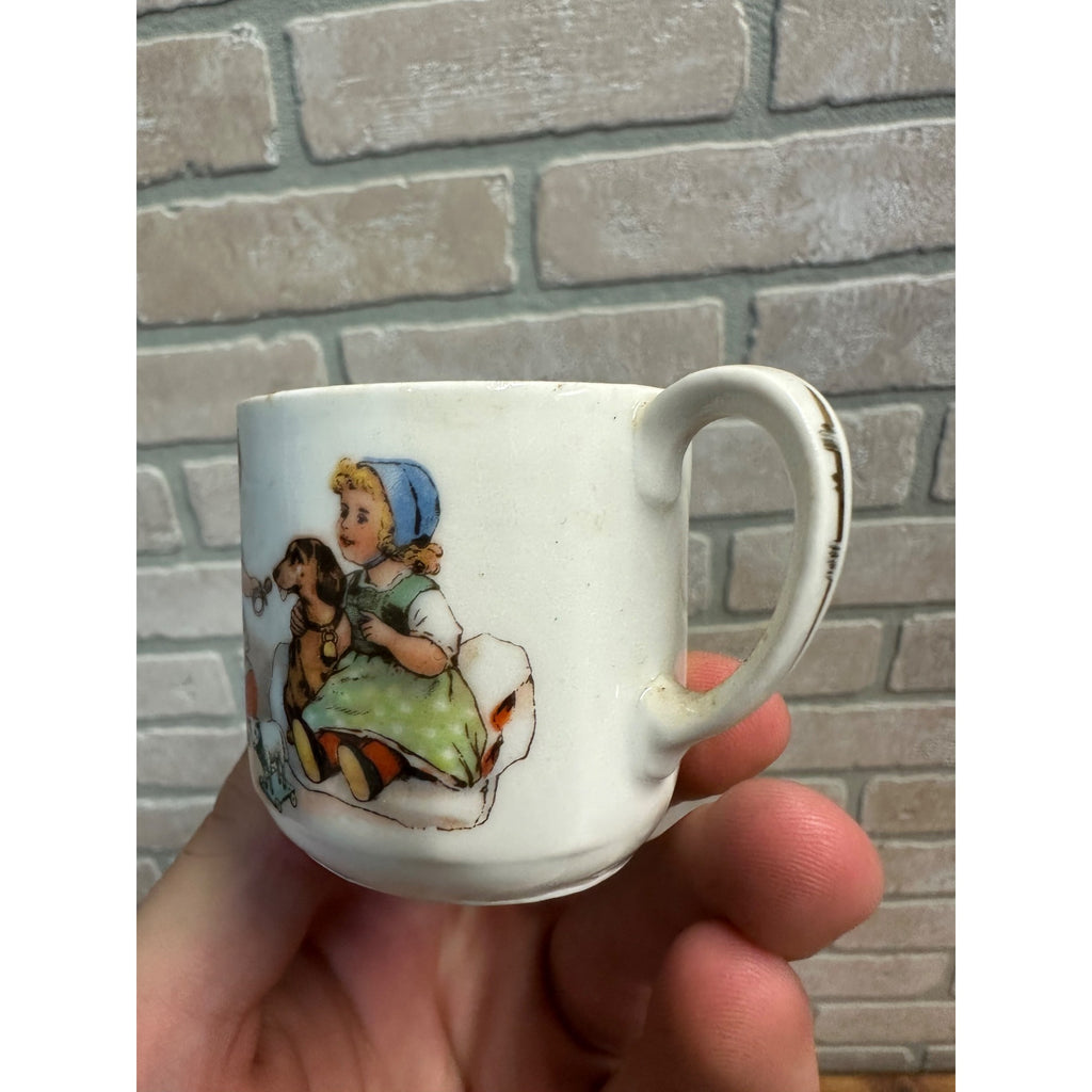 Small Victorian Child's Tea Cup Mug Girls and Dog white Porcelain 2" tall