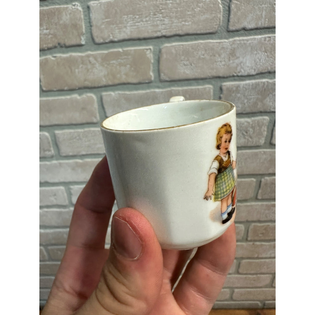 Small Victorian Child's Tea Cup Mug Girls and Dog white Porcelain 2" tall