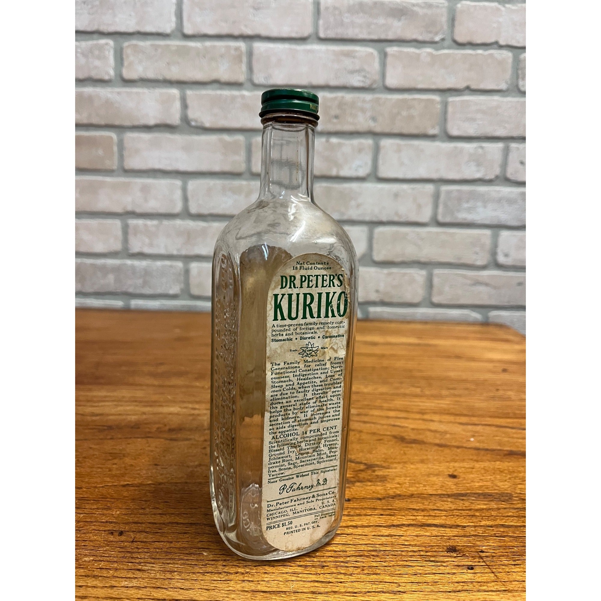 Antique Dr. Peter's Kuriko Glass Medicine Bottle Chicago w/ Label - Embossed
