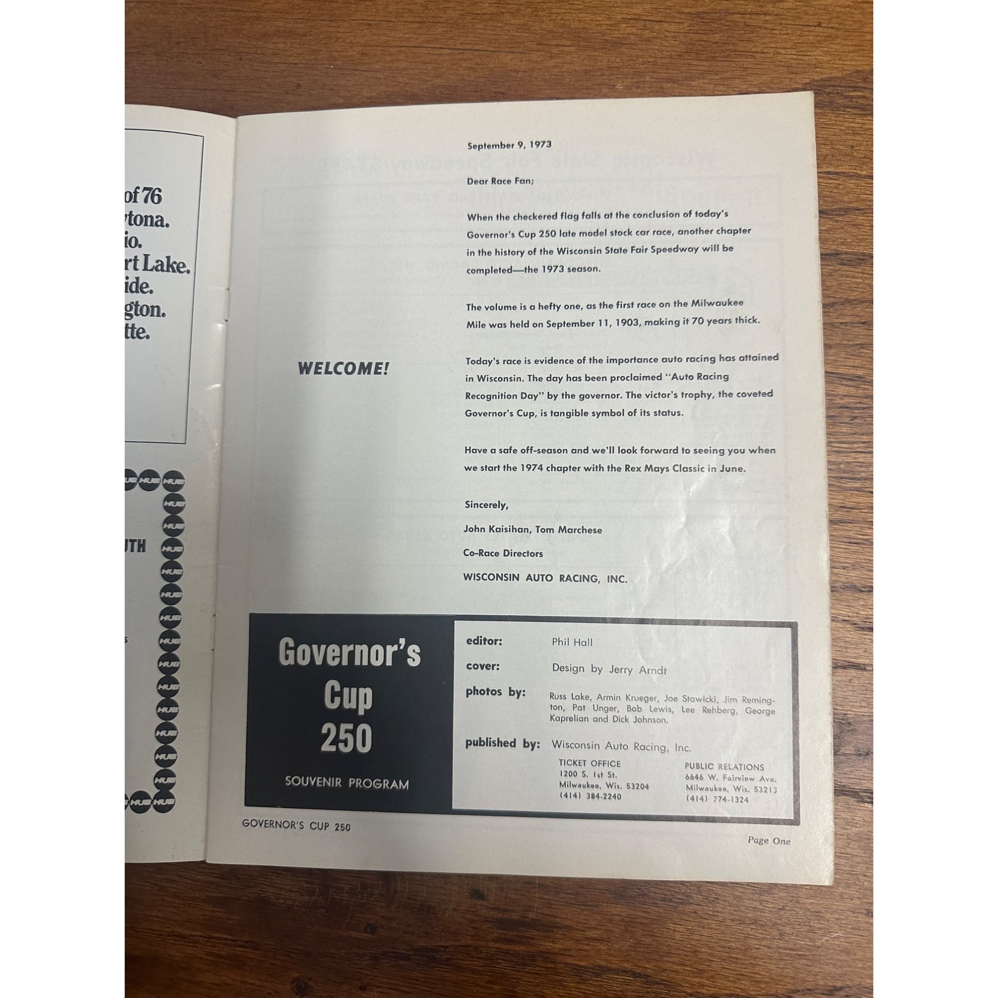 1973 Governor's Cup 250 Mile Race SIGNED Souvenir Program Wisconsin
