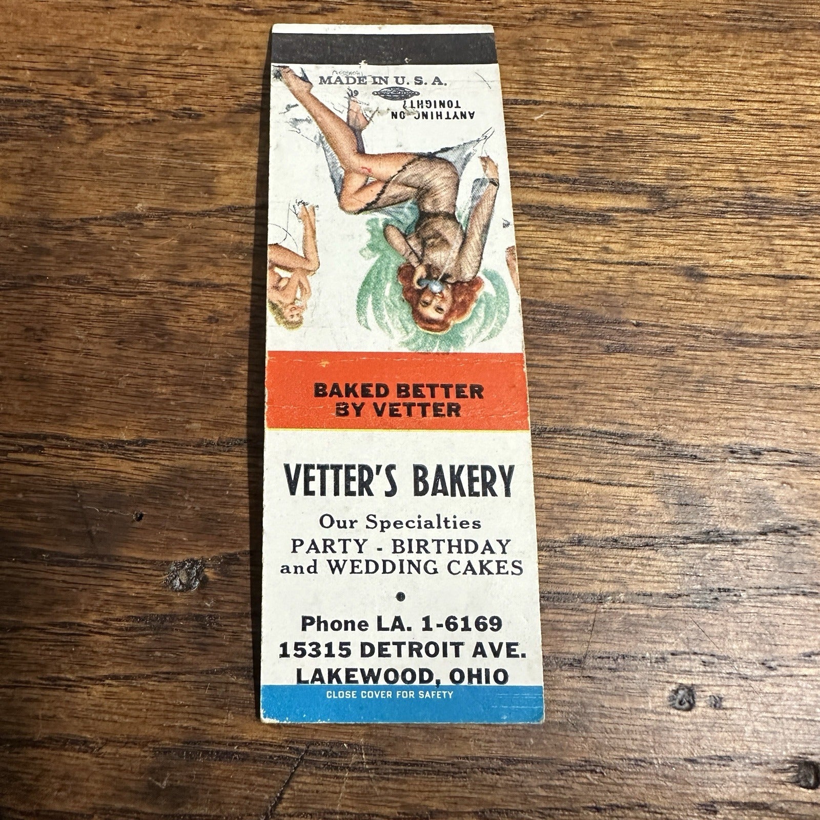 1940s 1950s Pinup Girlie Girly Matchbook Cover Vetter Bakery Lakewood Ohio